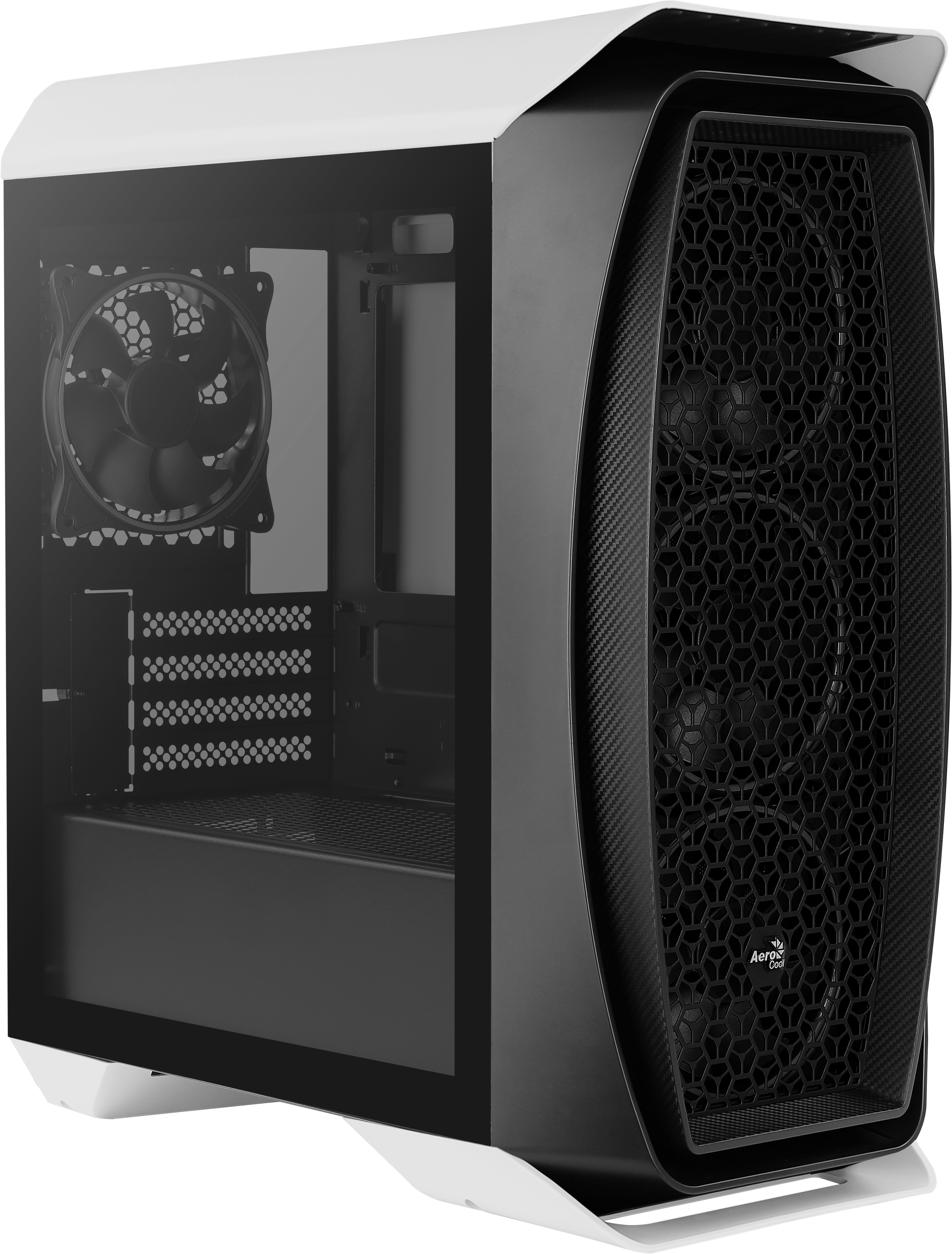 Case per computer bianco e nero con pannello frontale a rete e pannello laterale in vetro.