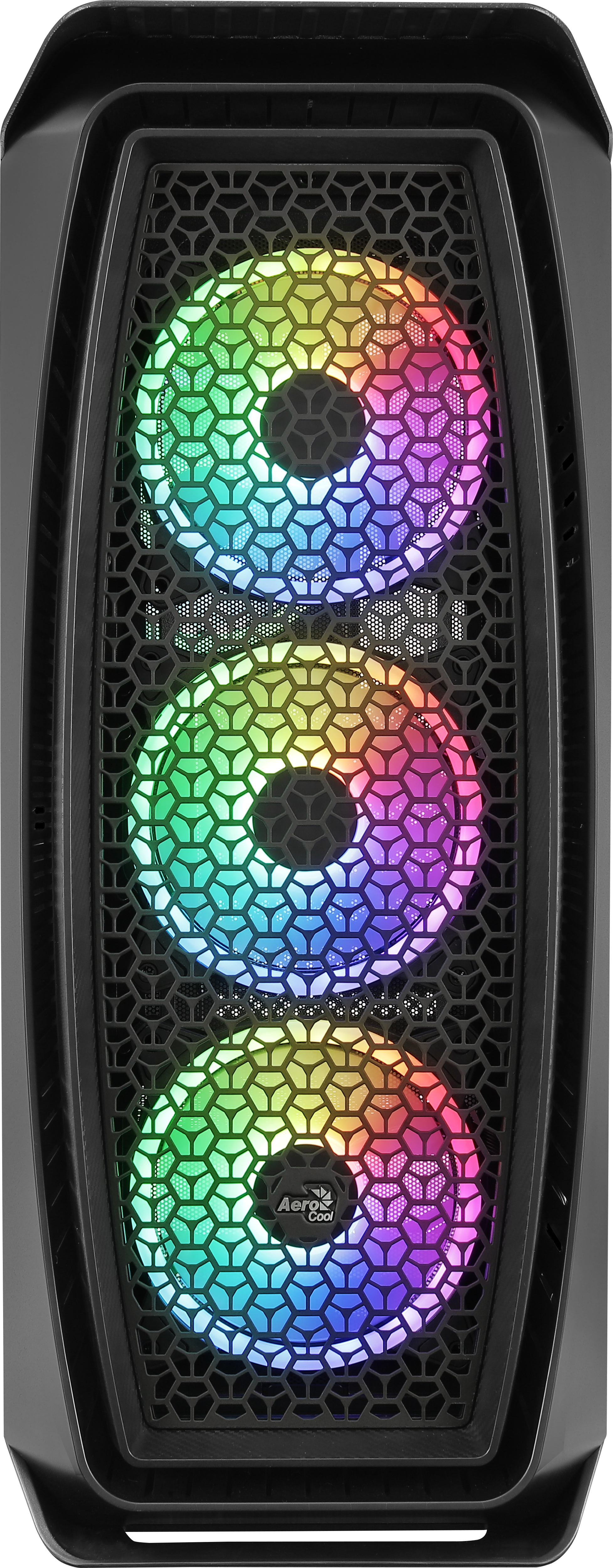 Case per computer nero con tre ventole illuminate. Design a griglia esagonale, luci colorate, isolato.