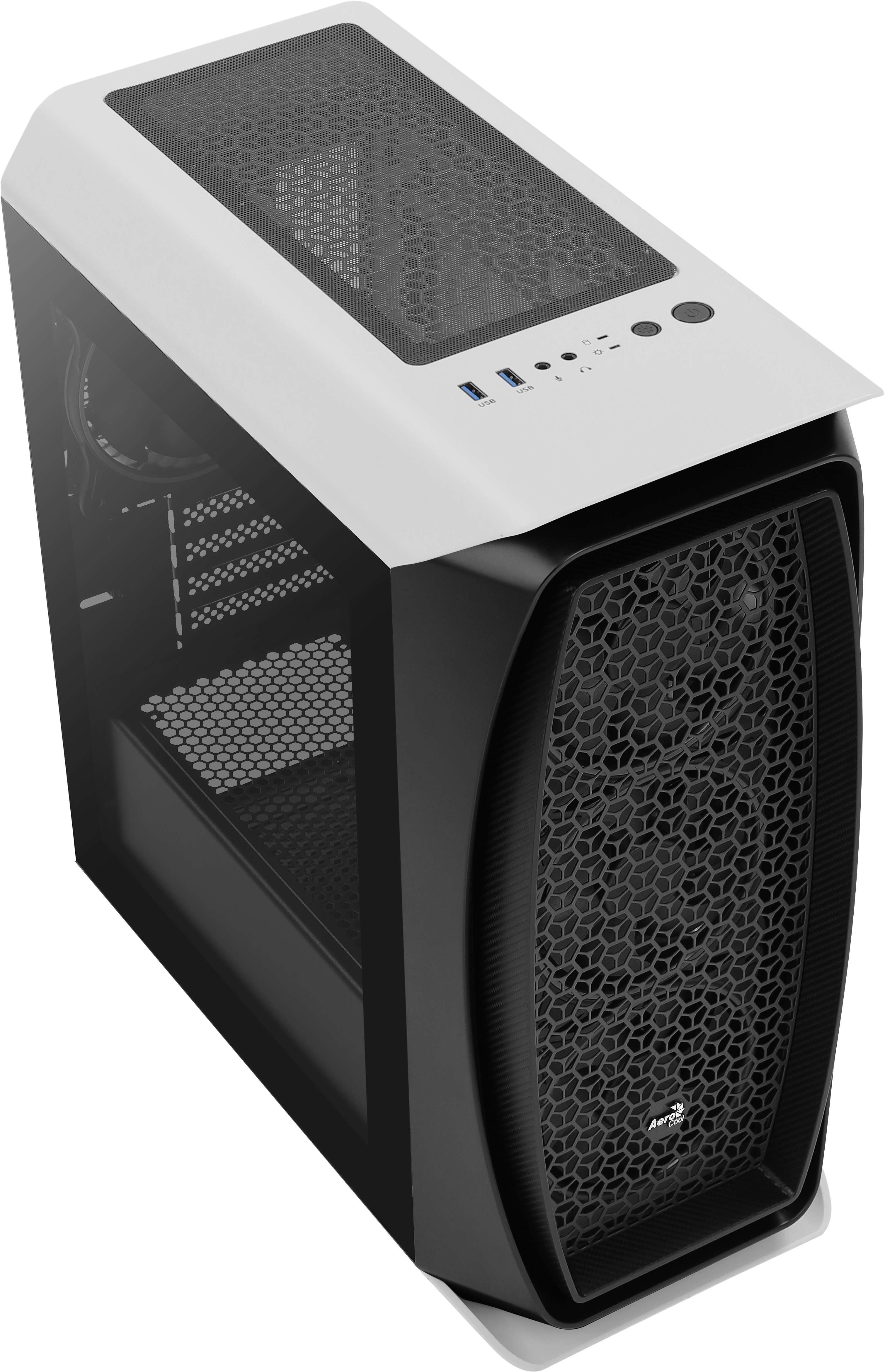 Case PC con parte superiore bianca e frontale nero. Griglia a nido d'ape. Vista angolata.