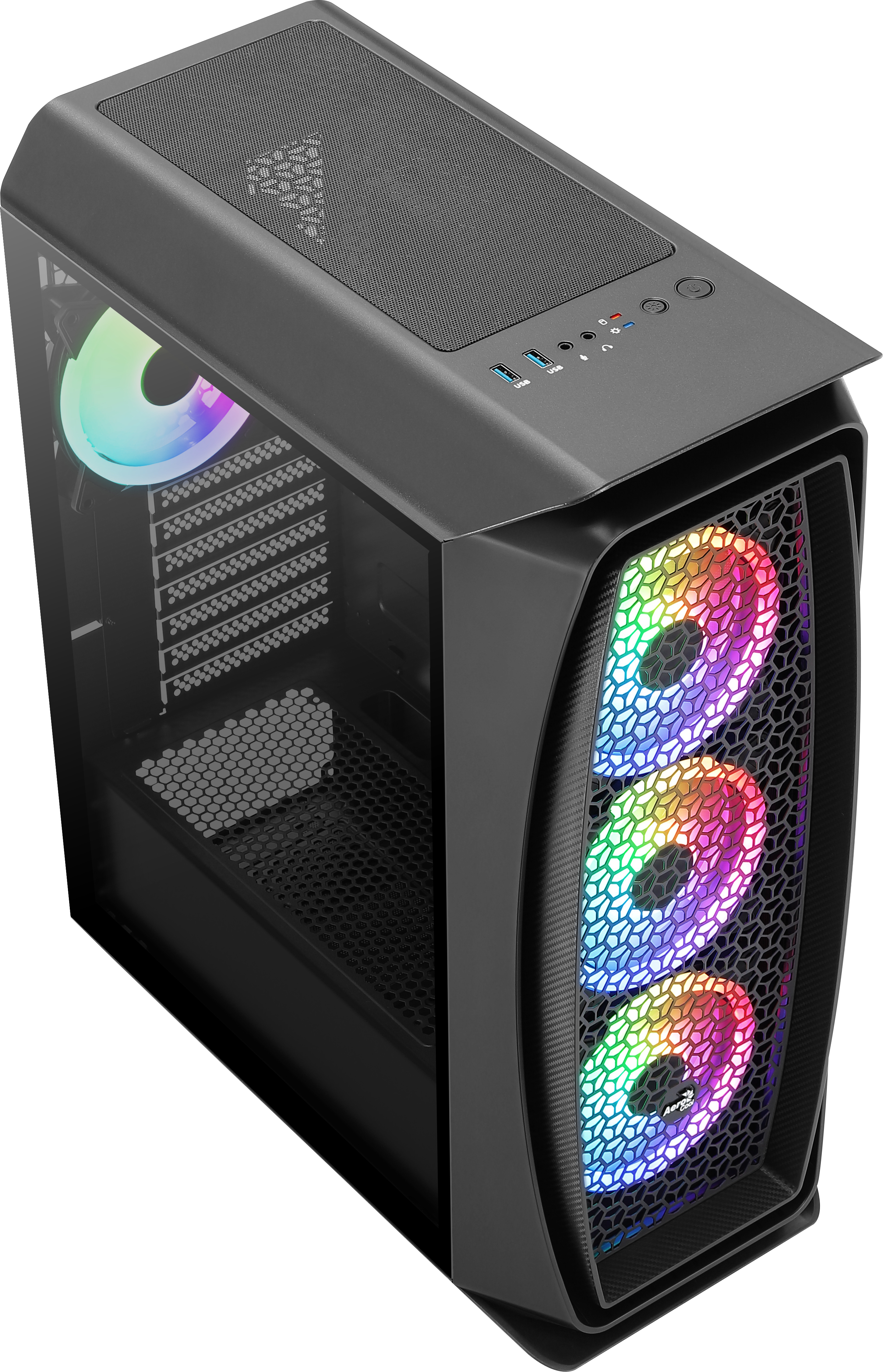 Case nero per computer con pannello laterale in vetro, tre ventole anteriori con illuminazione arcobaleno.