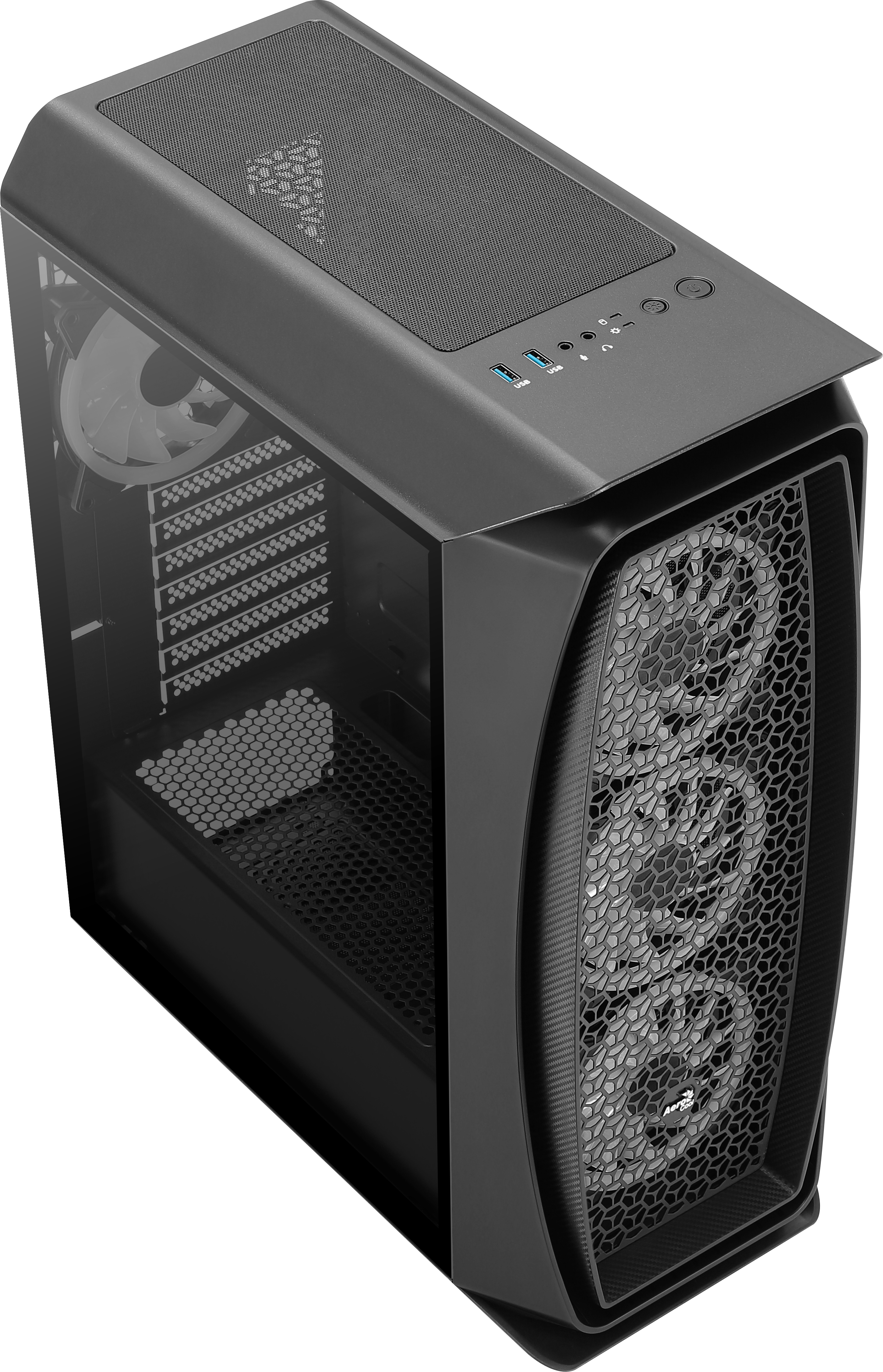 Case del computer nero dall'alto, con ventole e un pannello laterale in vetro.