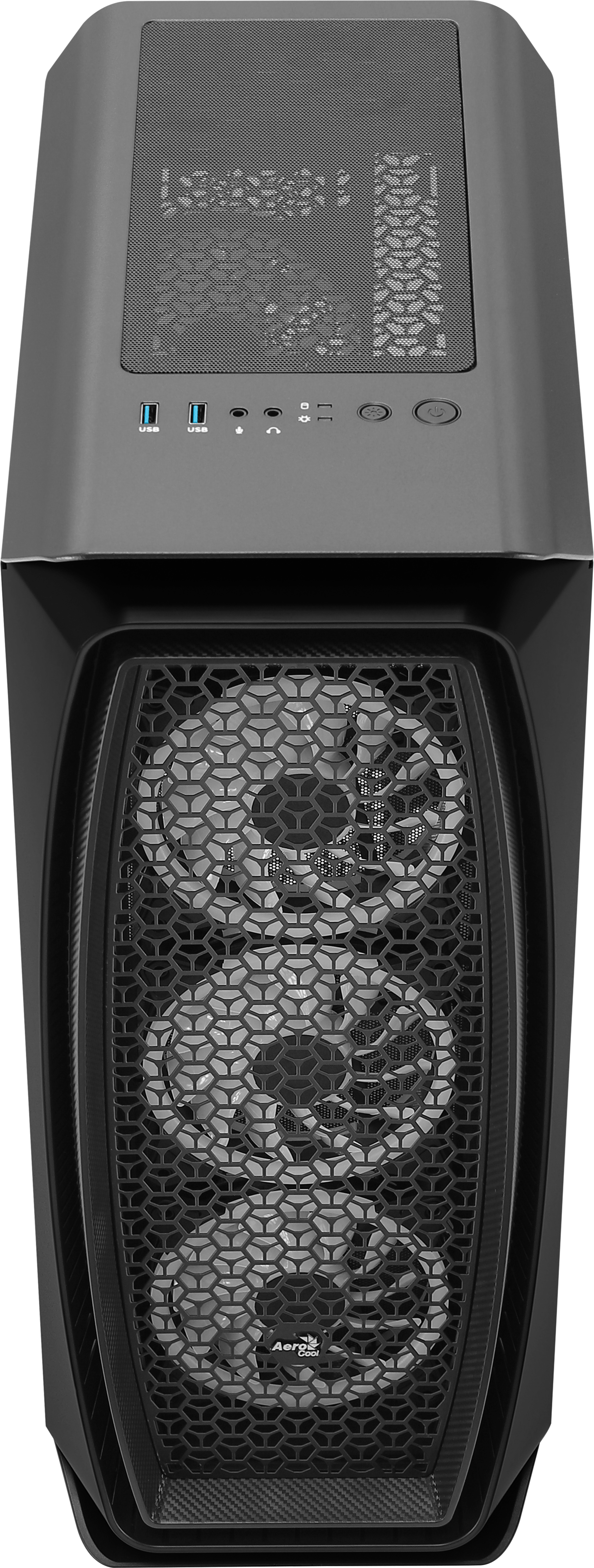 Case PC nero, vista dall'alto. Include un pannello frontale a nido d'ape, porte USB e pulsante di accensione. Sfondo nero.