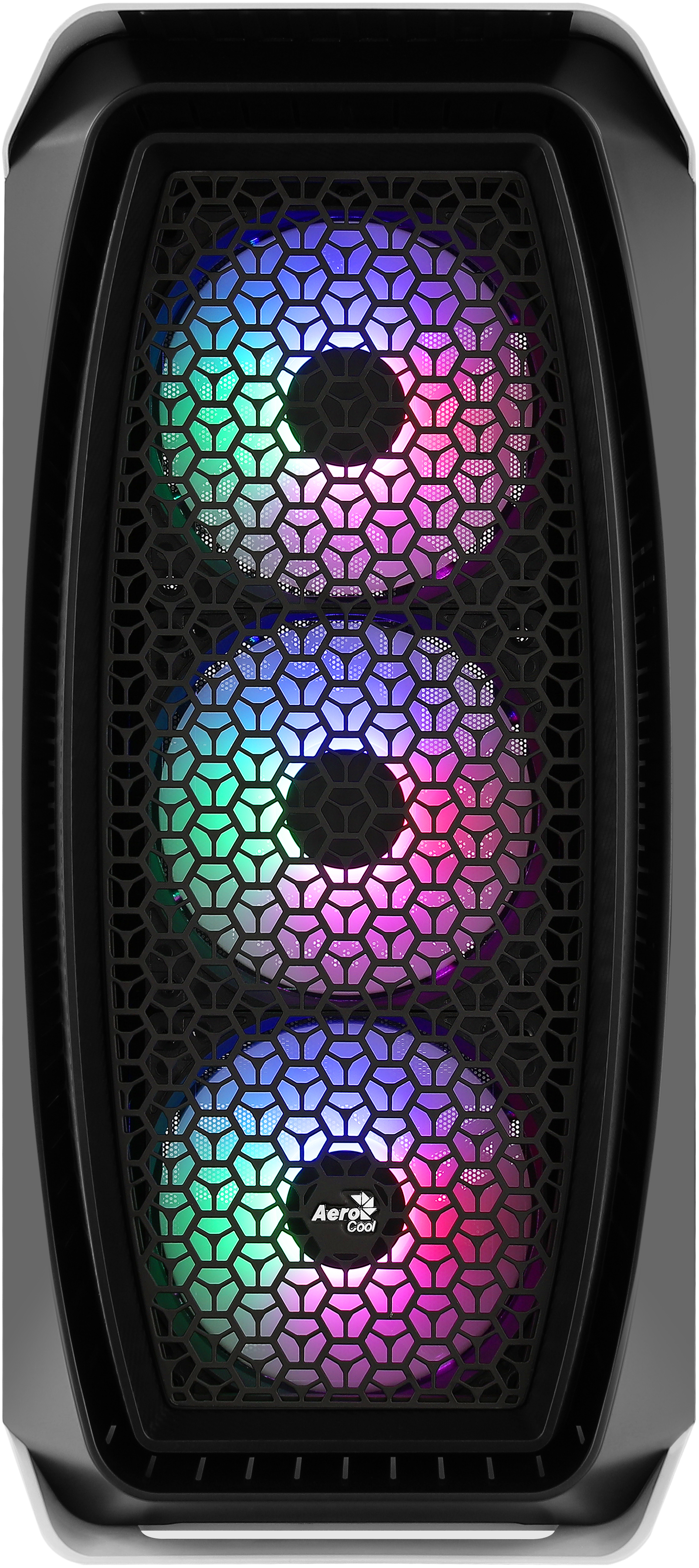 Un case per computer con tre ventole colorate e un pannello frontale a rete nero.