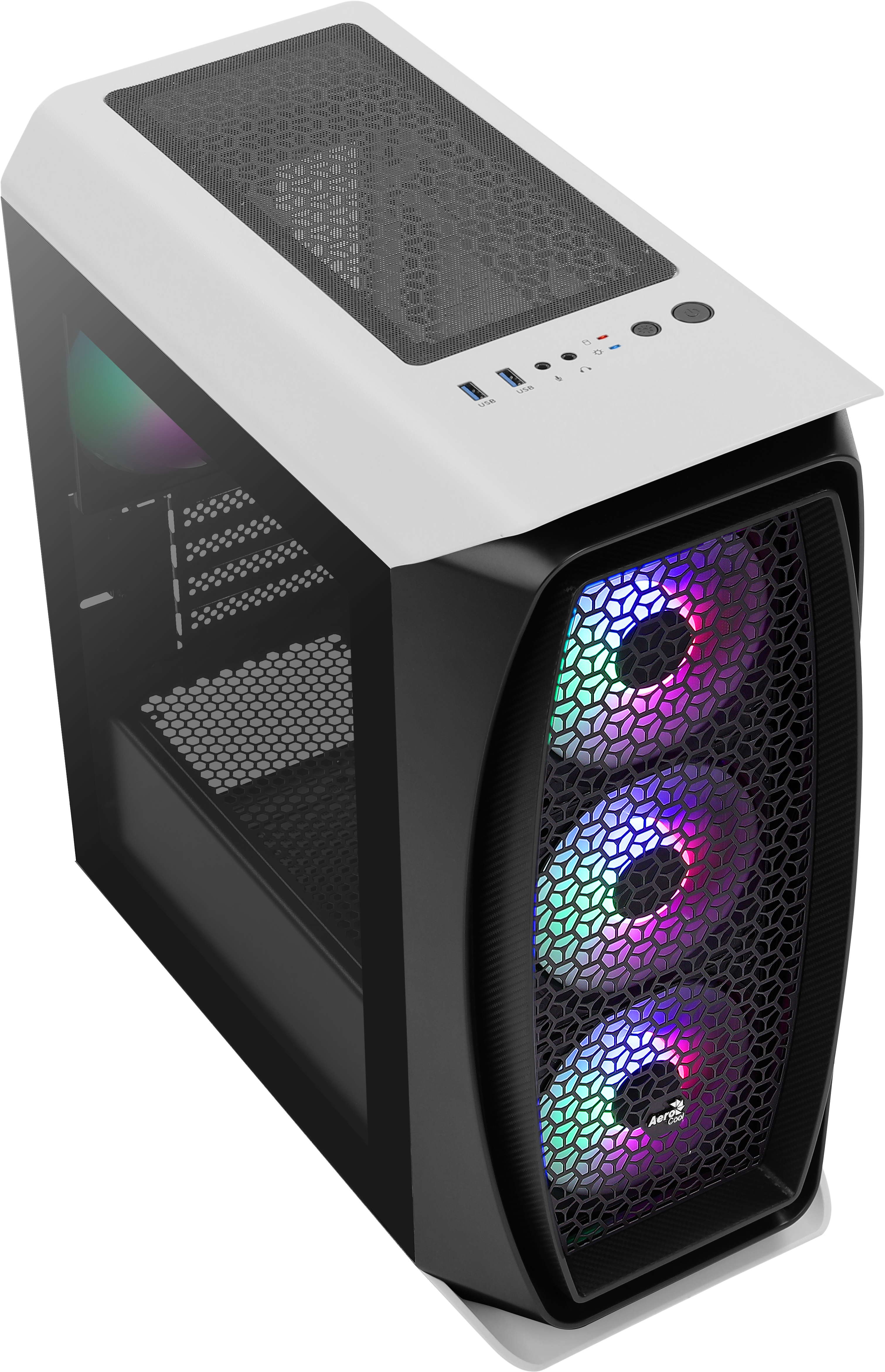 Case per computer con schema di colori bianco e nero, pannello in vetro e ventole RGB sulla parte anteriore.