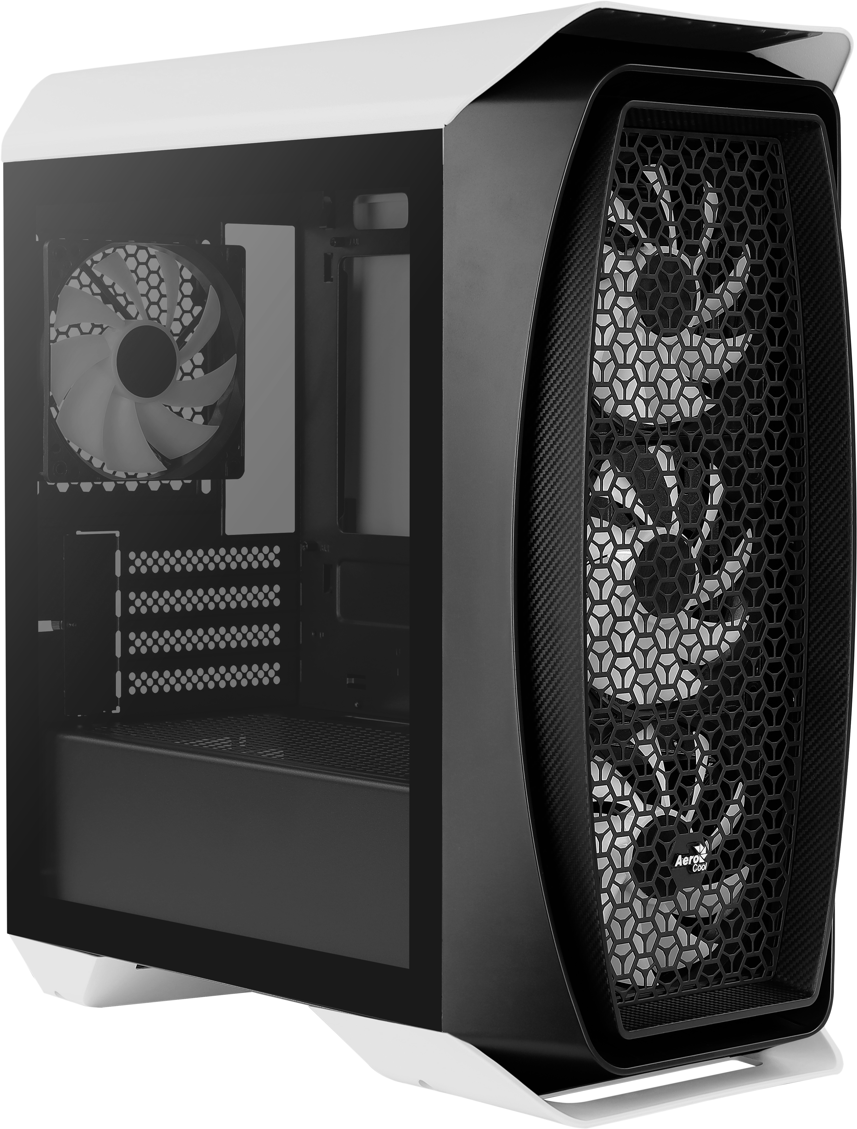 Case per computer bianco e nero con ventole, lato in vetro e design a nido d'ape.