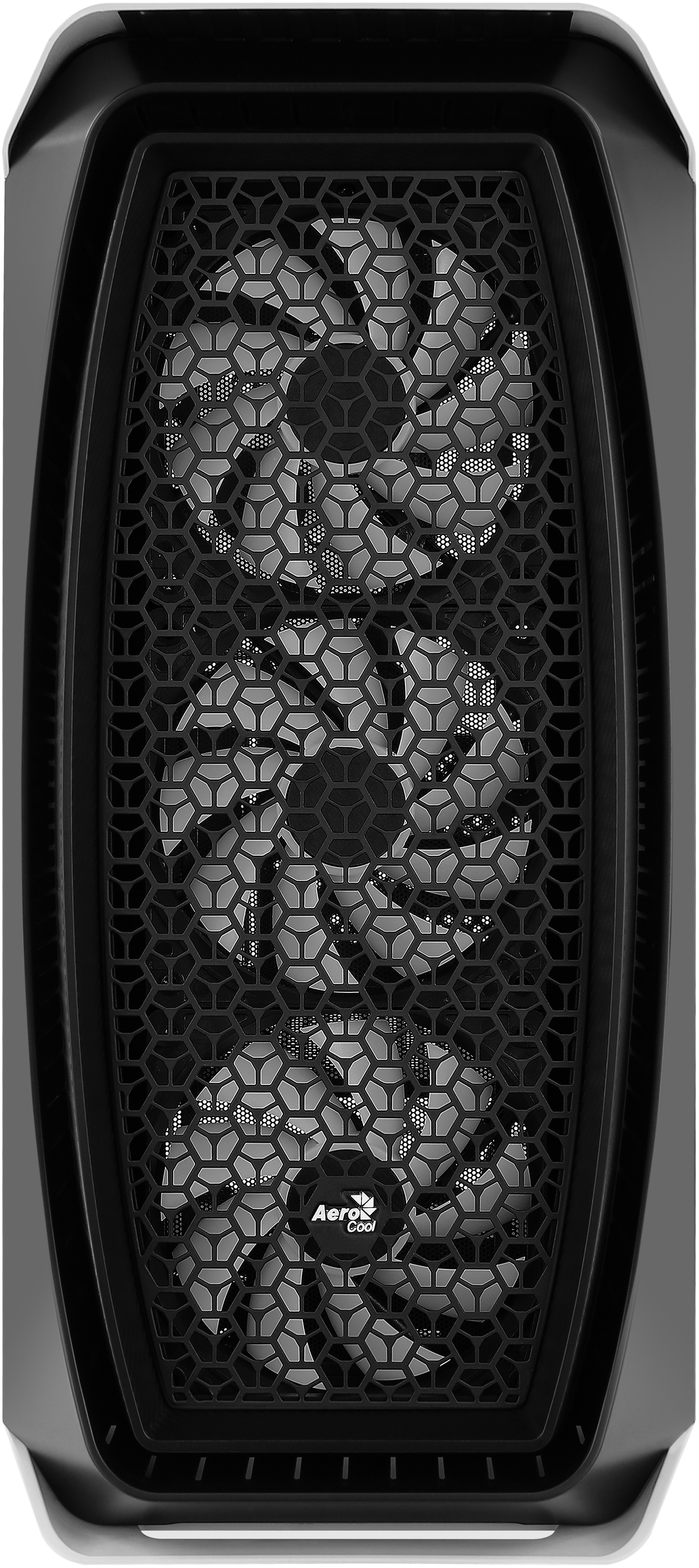 Frontale del case PC con tre ventole dietro una griglia a nido d'ape. Design bianco e nero.