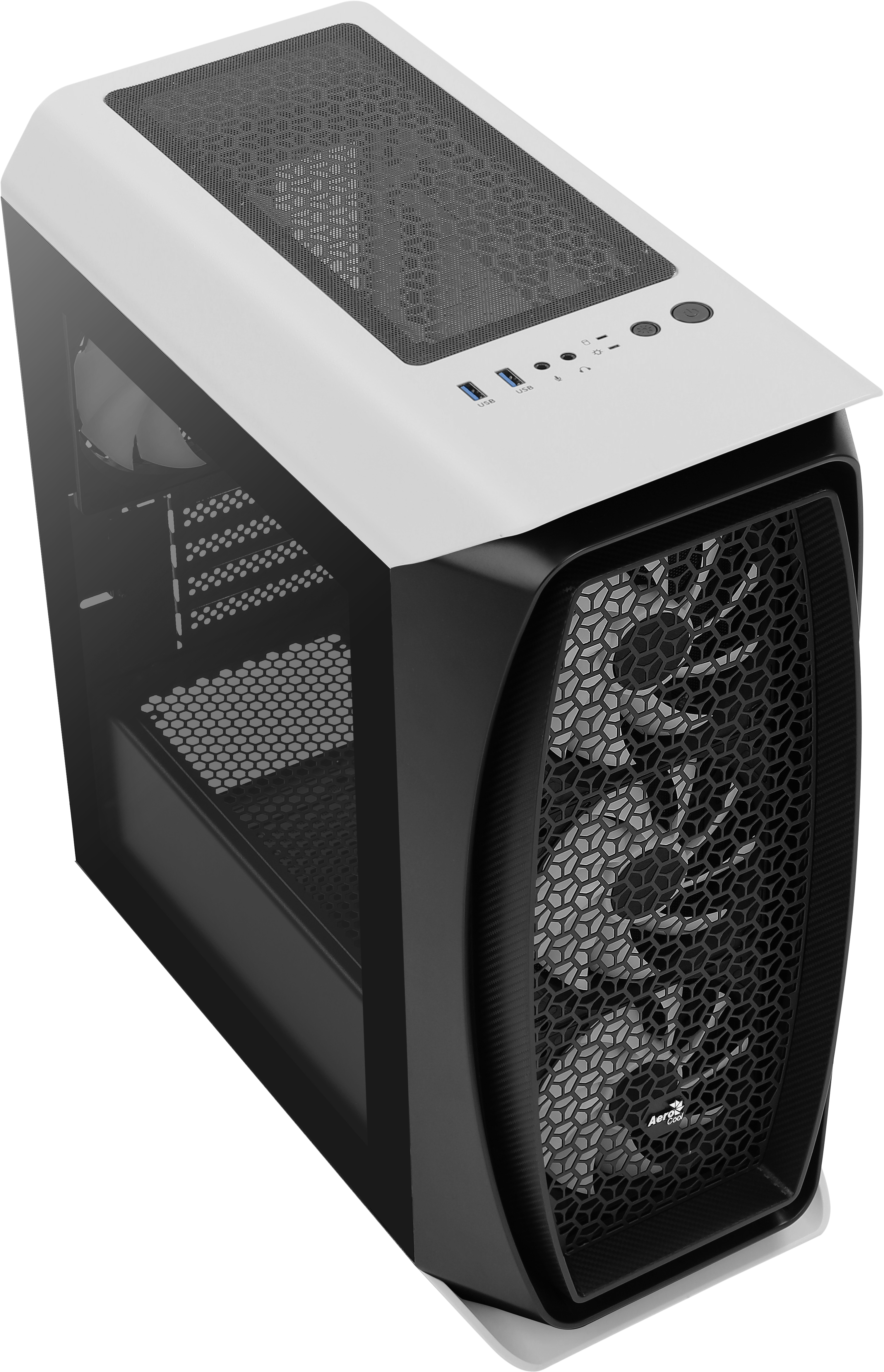 Case per computer bianco e nero con pannello laterale trasparente, vista angolata.