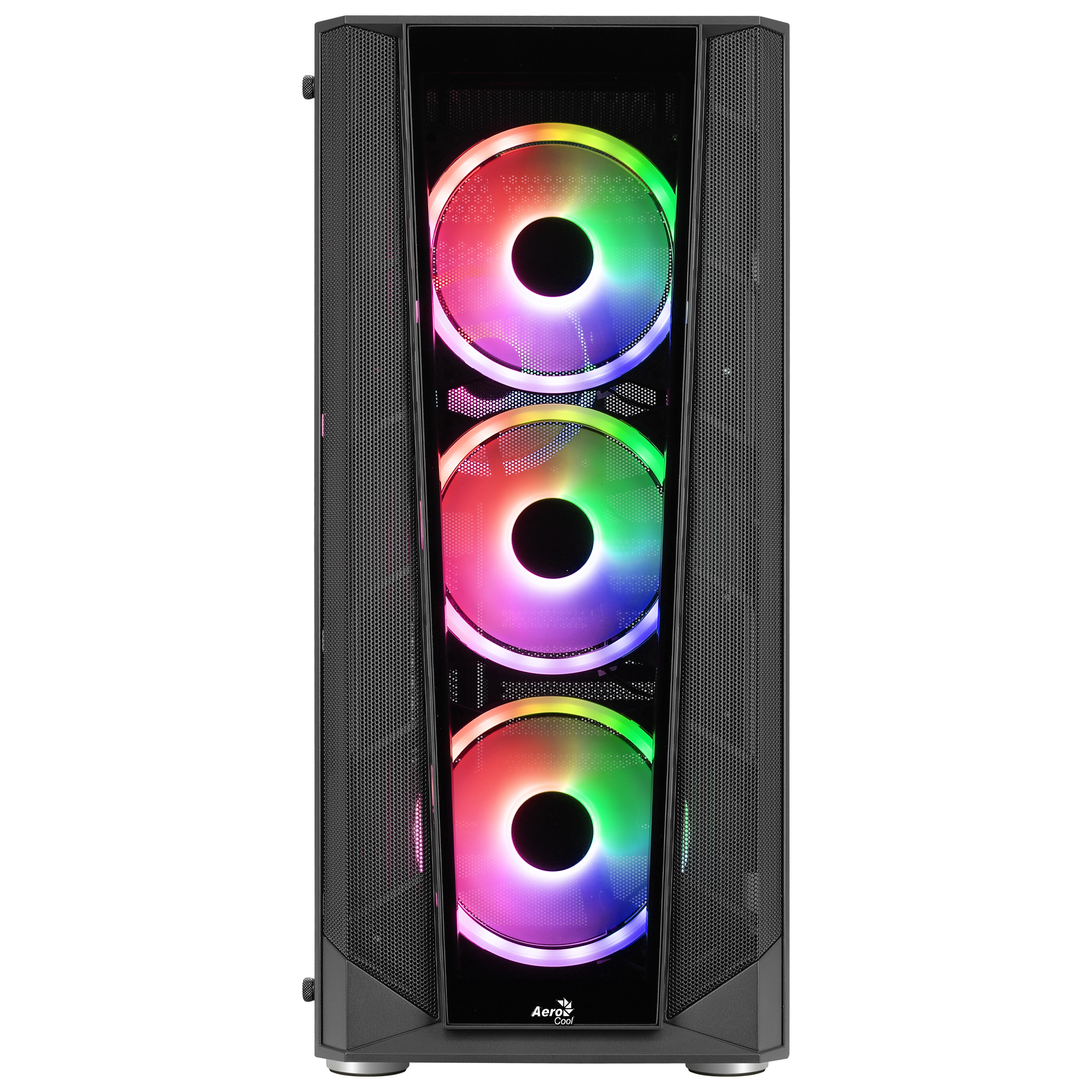 Boîtier PC avec trois ventilateurs RGB à l'avant. Panneau avant en mesh.