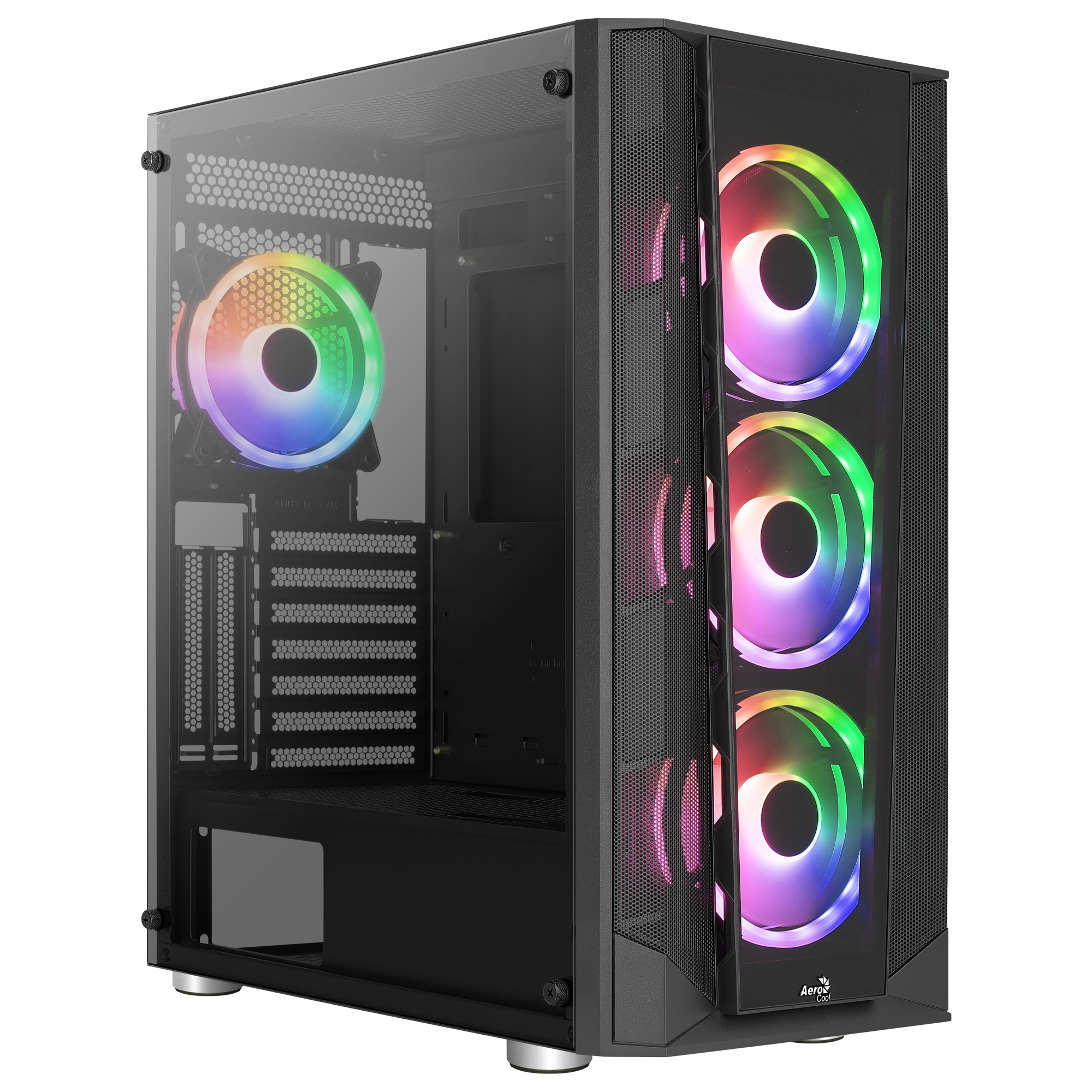 Boîtier PC gaming noir avec panneau latéral transparent et ventilateurs colorés à l'intérieur.
