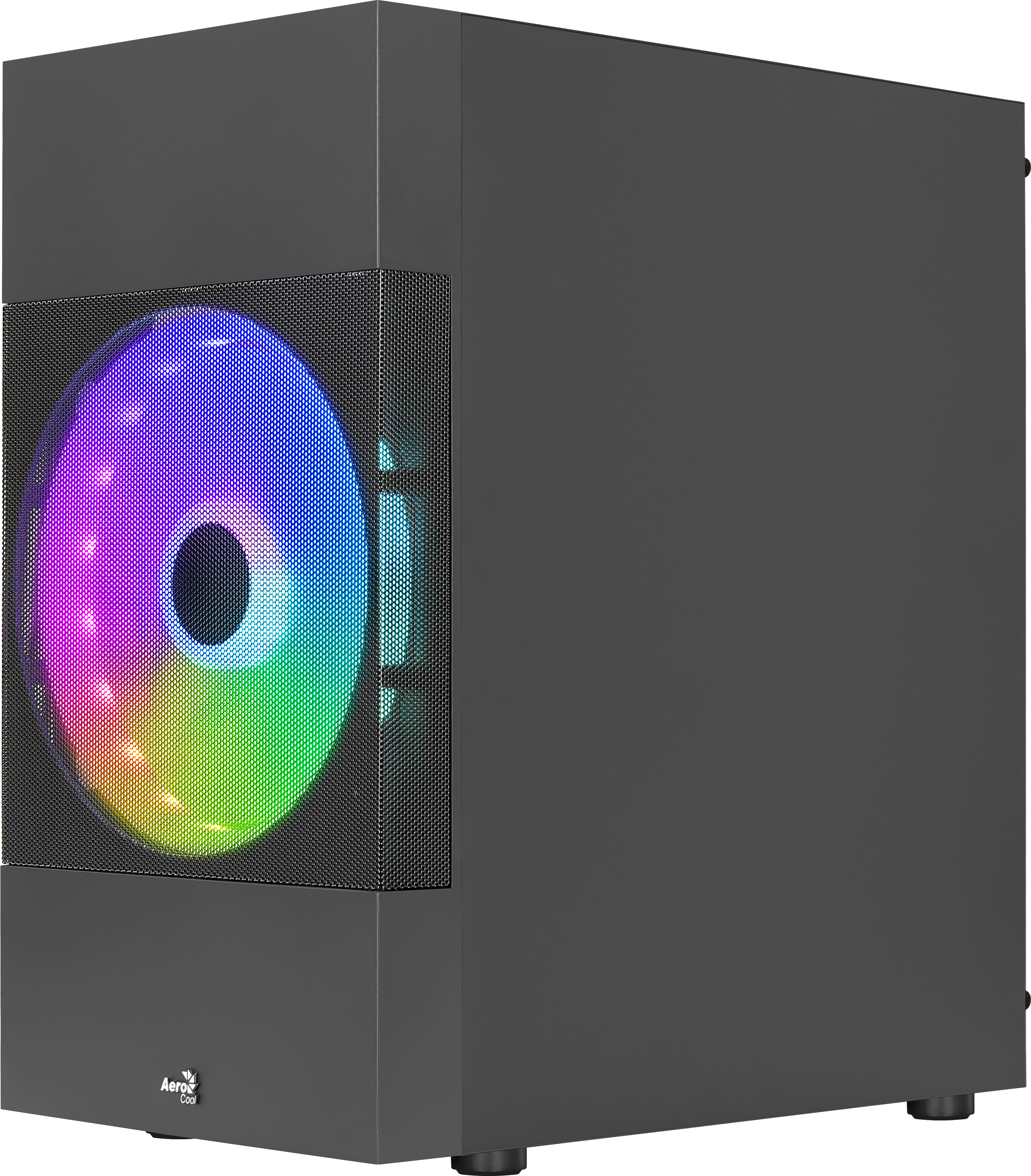 Zwarte computerkast met een mesh zijpaneel en een regenboogverlichte ventilator.