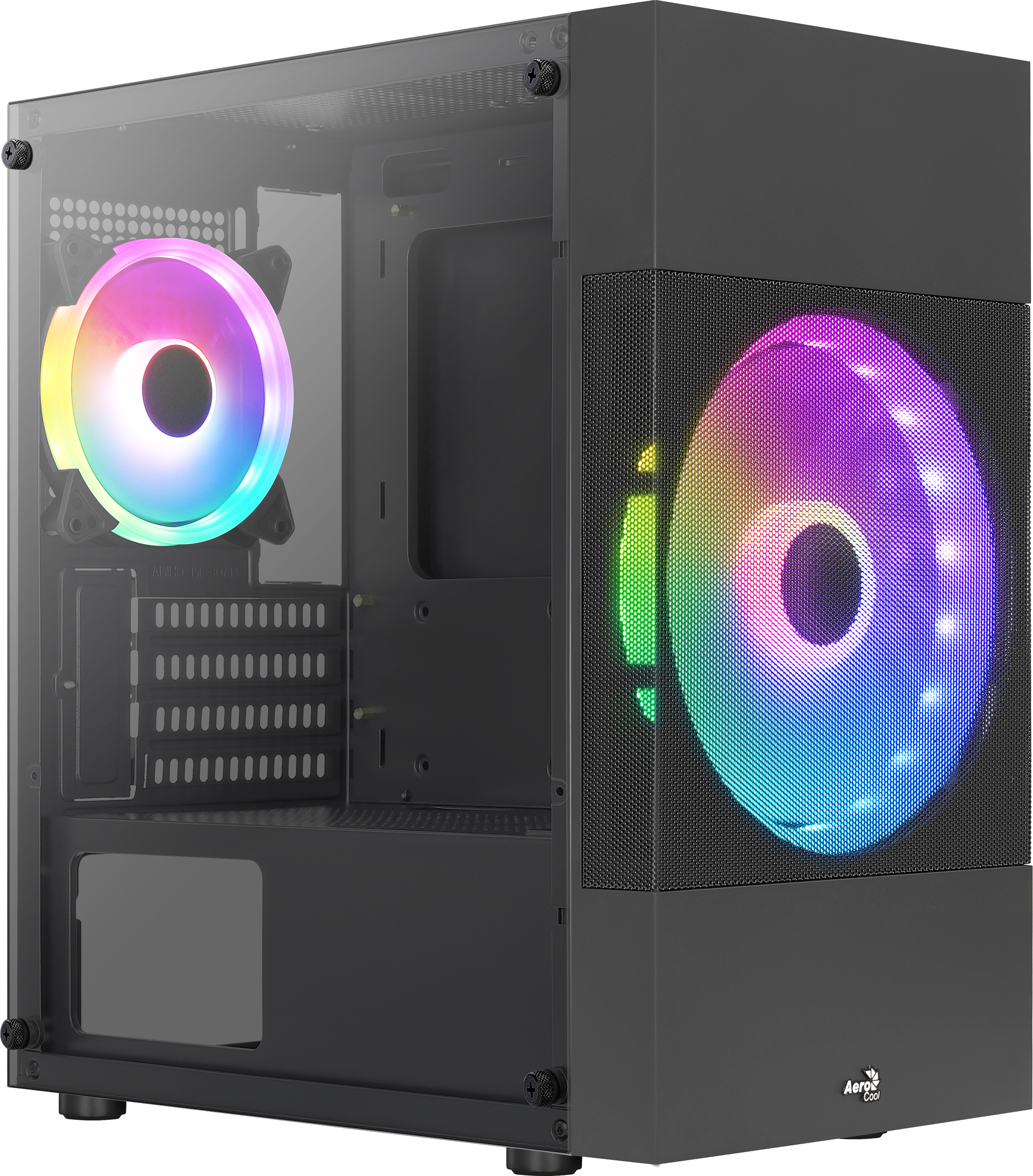 Een zwarte computerkast met kleurrijke ventilatoren en een transparant zijpaneel.
