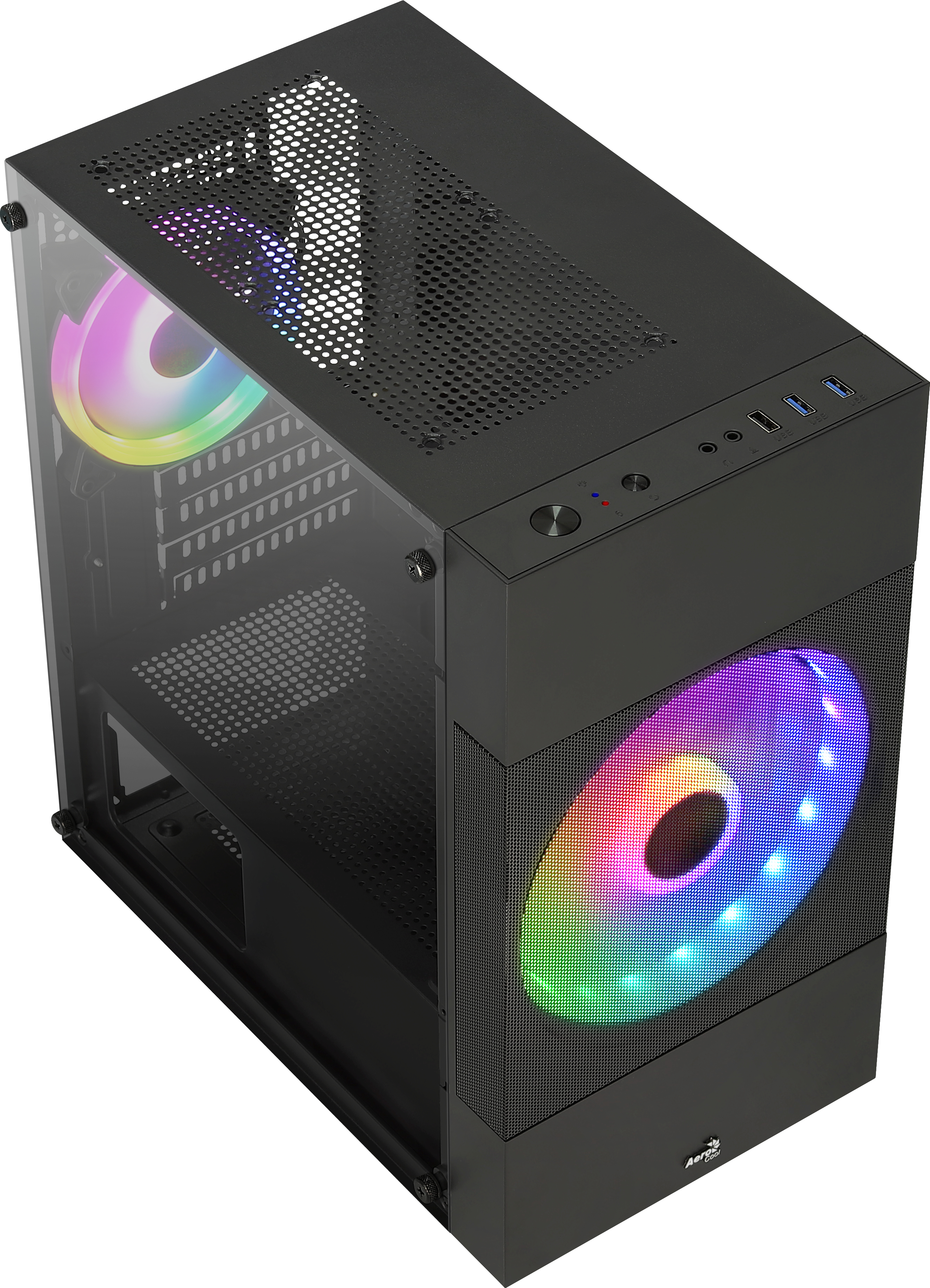 Zwarte pc-kast met RGB-ventilatoren. Er is een kleurrijk licht zichtbaar binnenin. De kast is zwart.