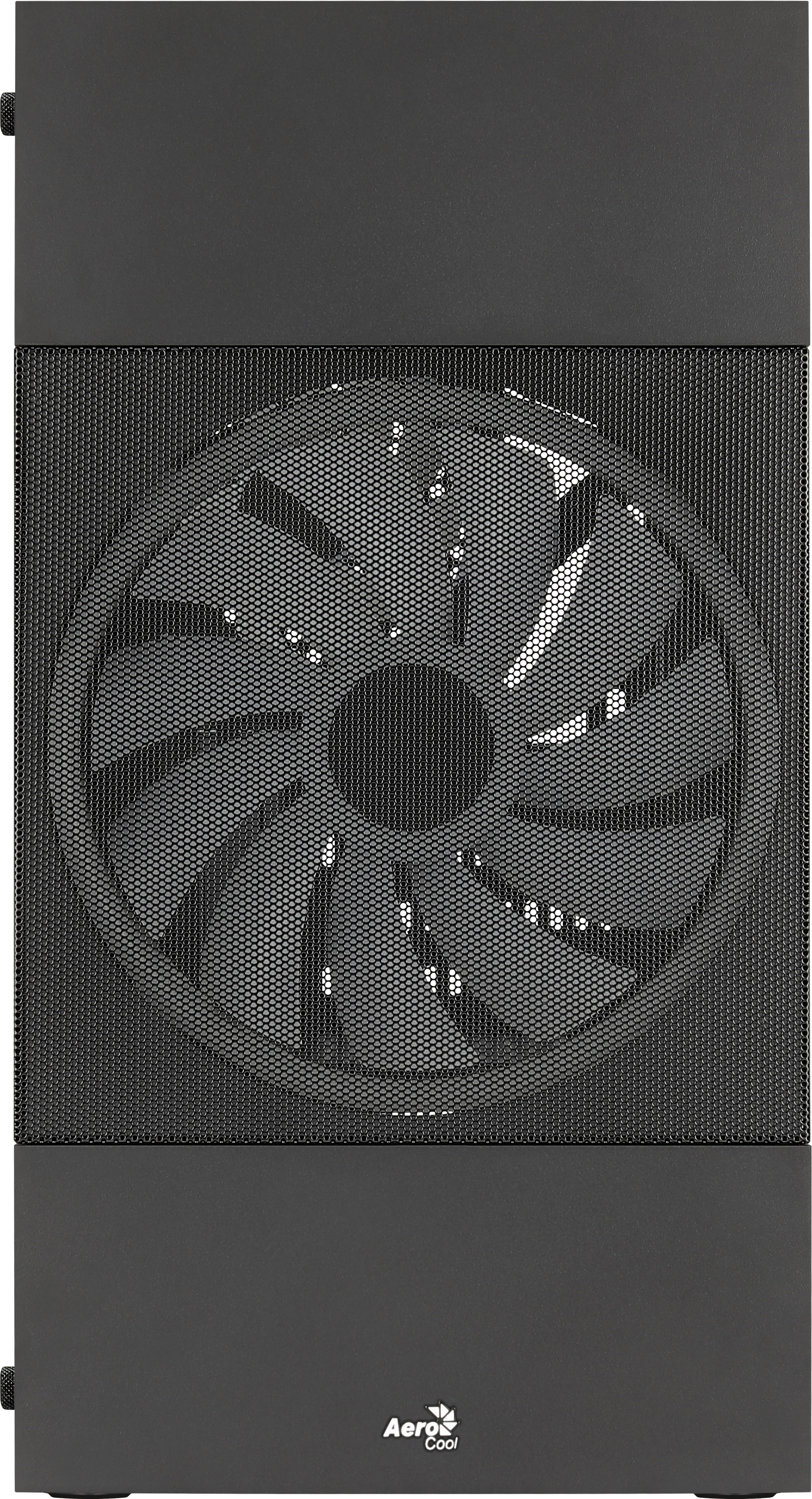 Zwarte computerkast met een gaasfront en ventilator.