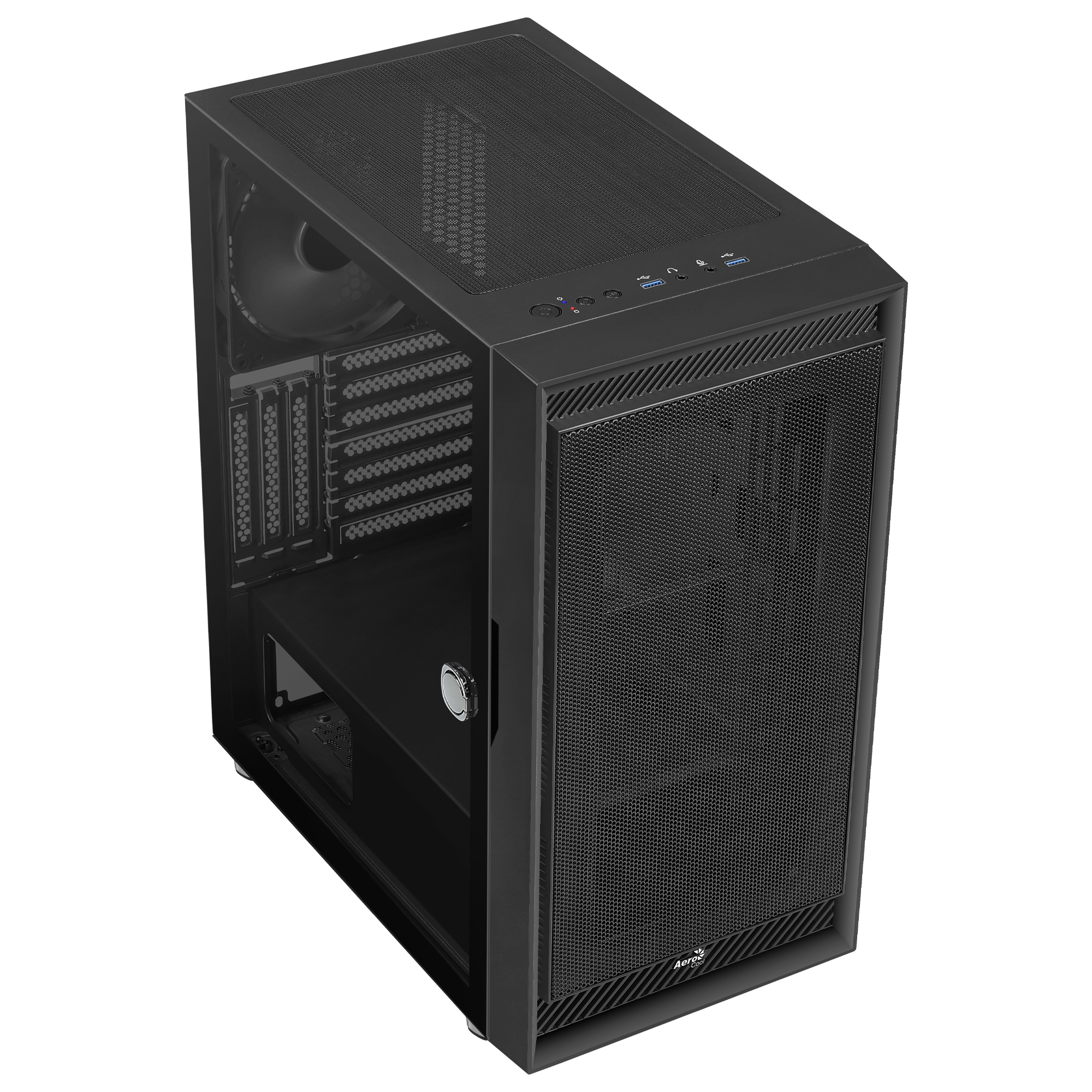 Black computer case with a mesh front. A fan is visible through the side panel. It is angled.