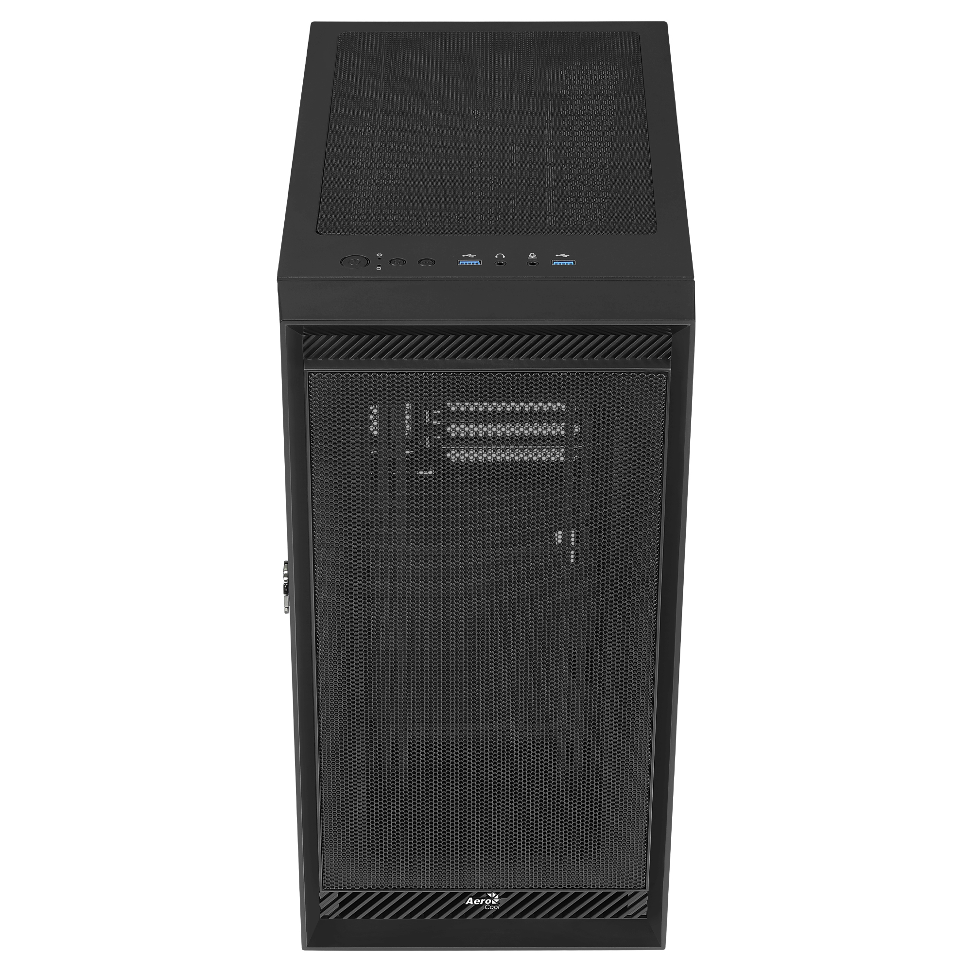 A black computer case, top view, with mesh panel and USB ports. The AeroCool logo is visible.