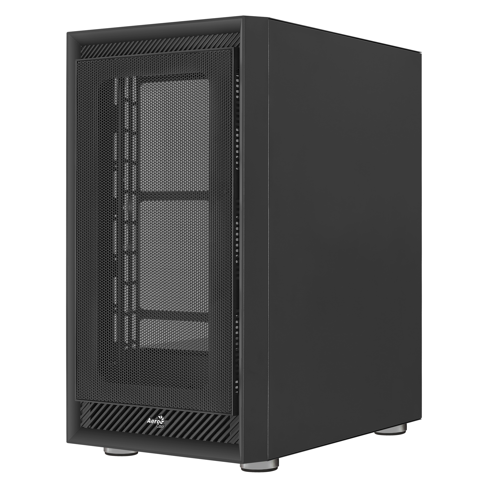 Black computer case with a mesh front panel and a clear side panel.