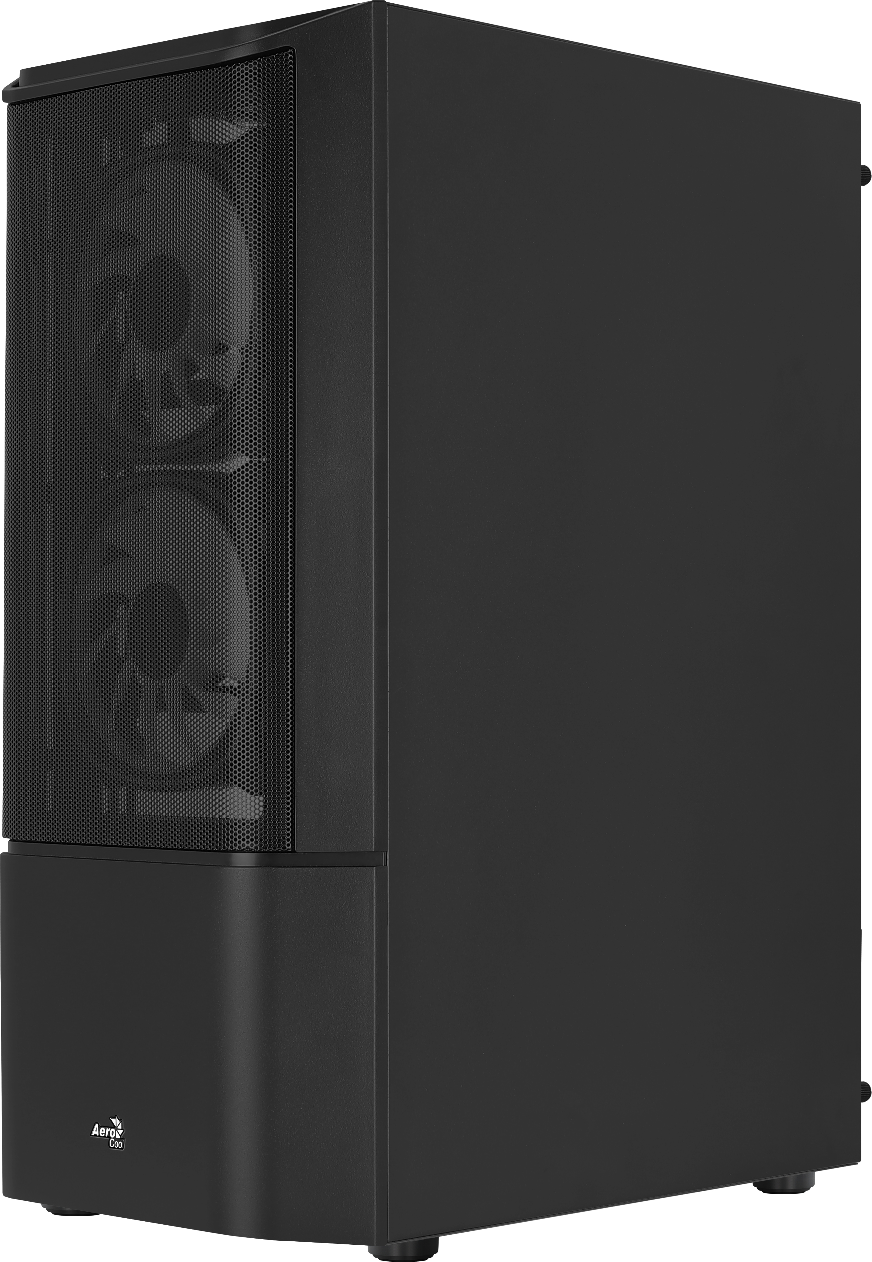 Zwarte pc-kast met een mesh-voorpaneel en twee zichtbare ventilatoren.