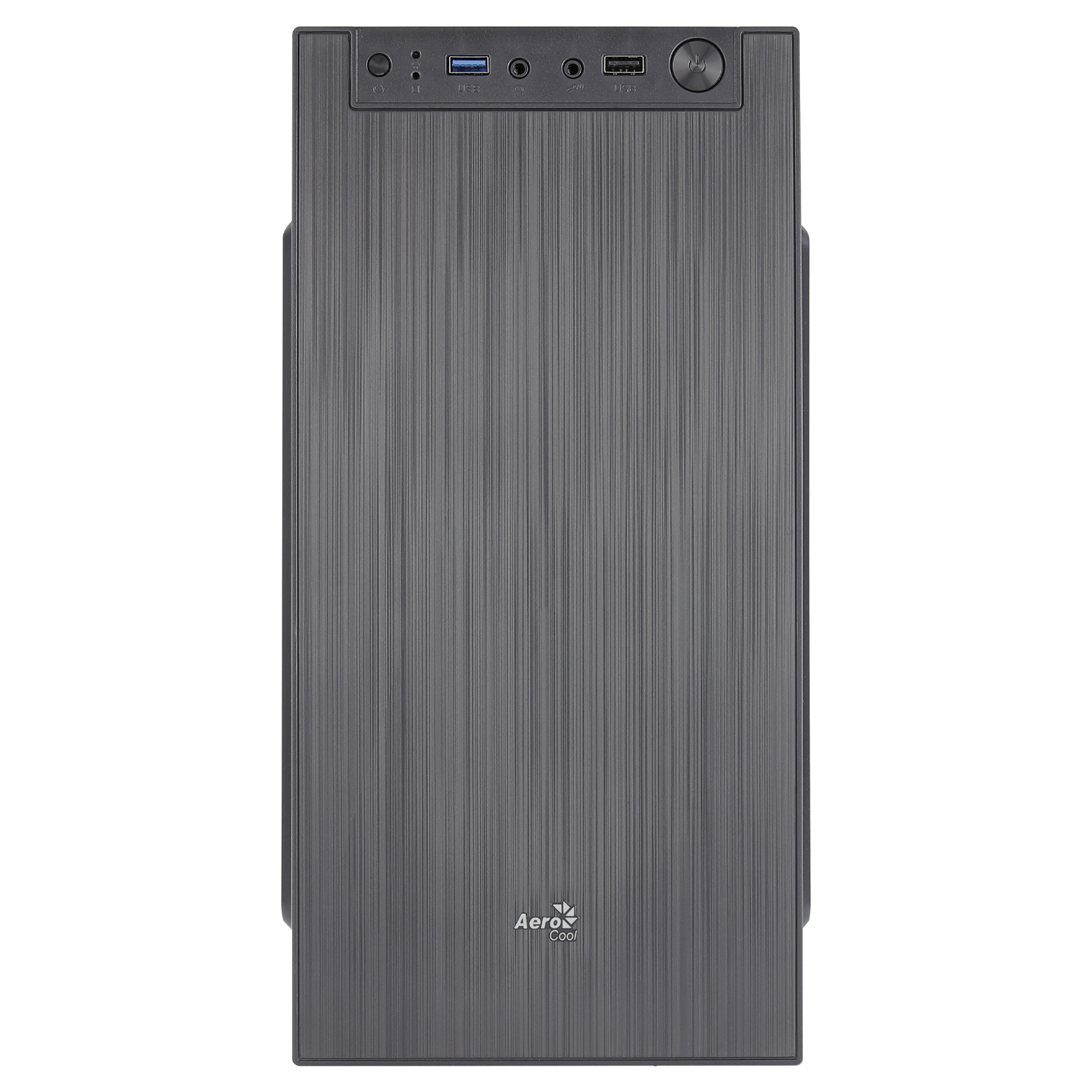 Parte anteriore del case del computer nero con porte USB e pulsante di accensione in alto.