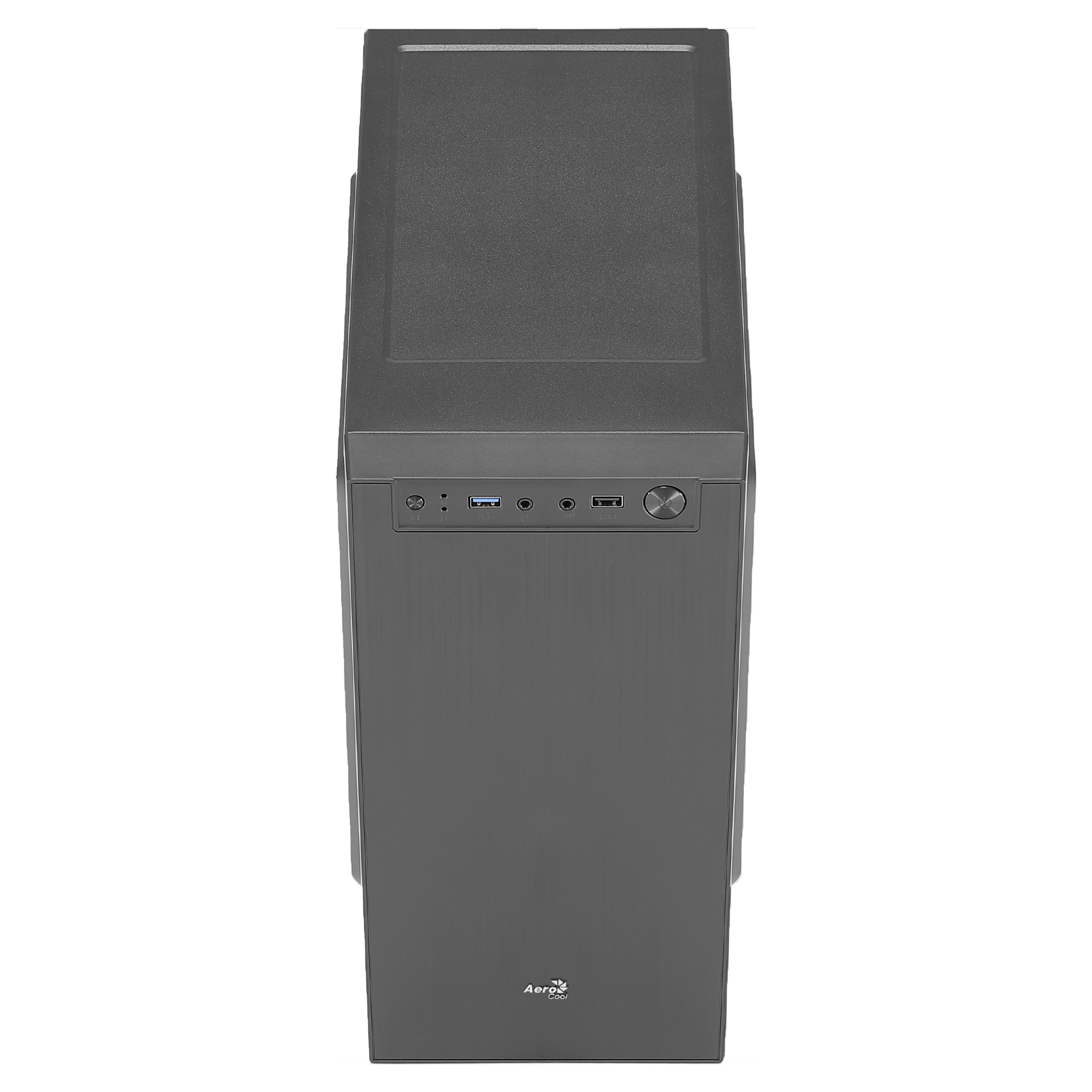Vista dall'alto di un case per computer grigio scuro con porte e pulsanti visibili.