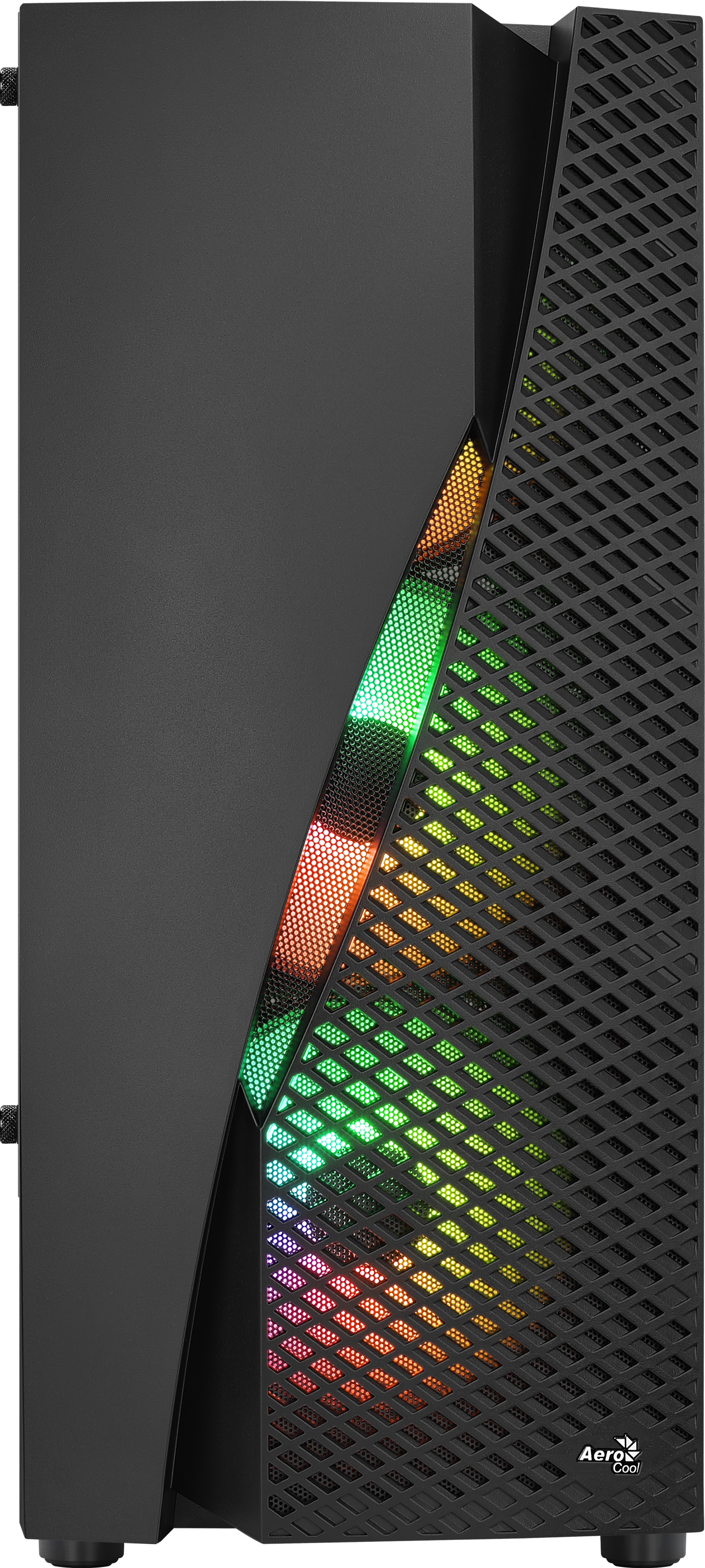 Case per computer nero con una striscia diagonale illuminata multicolore.