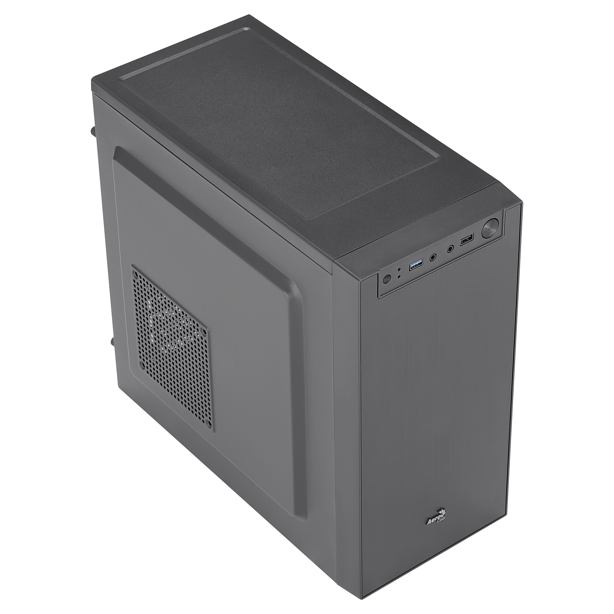 Un case per computer grigio, vista dall'alto. Ha una presa d'aria e porte sulla parte superiore.