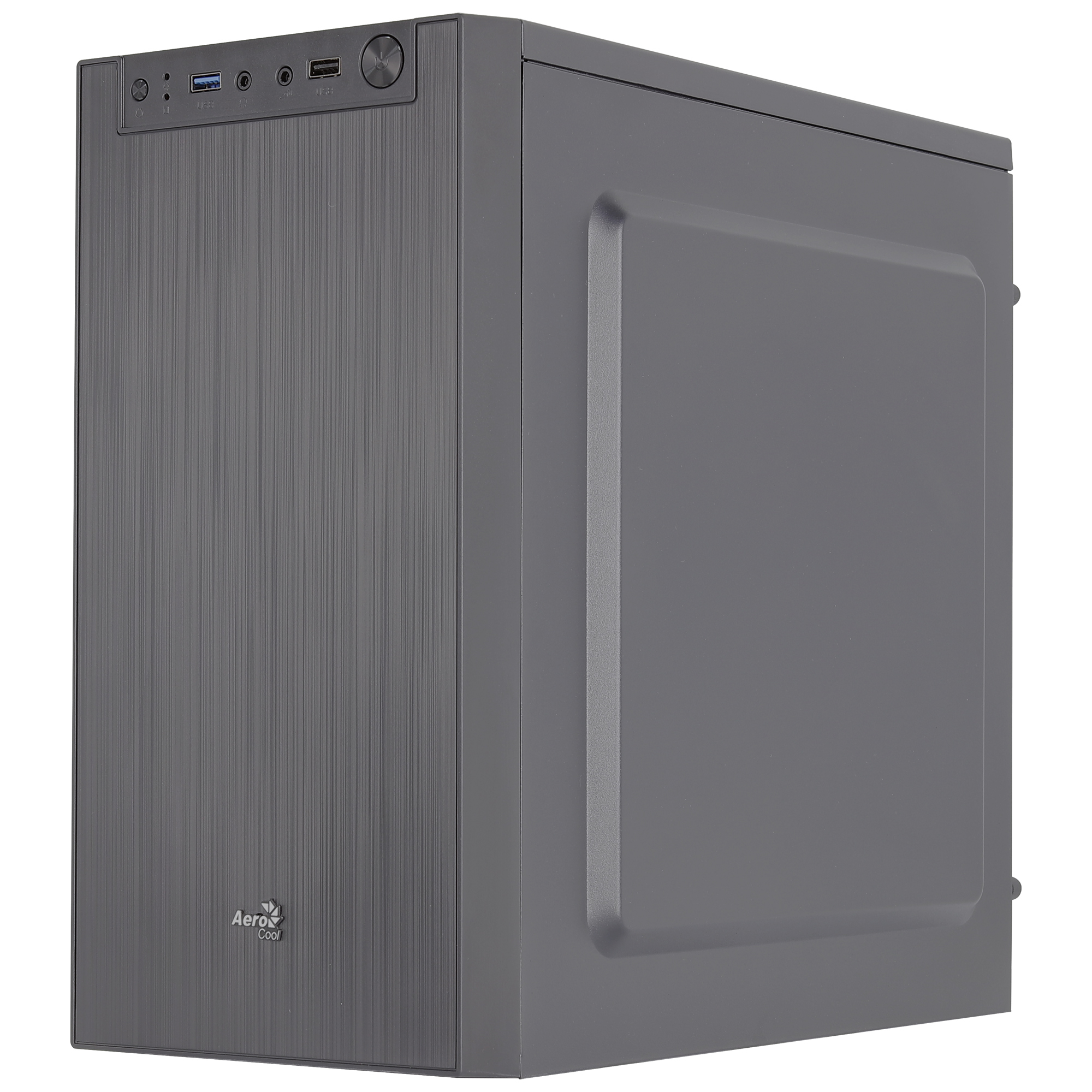 Case per computer grigio scuro con un design elegante e porte frontali.