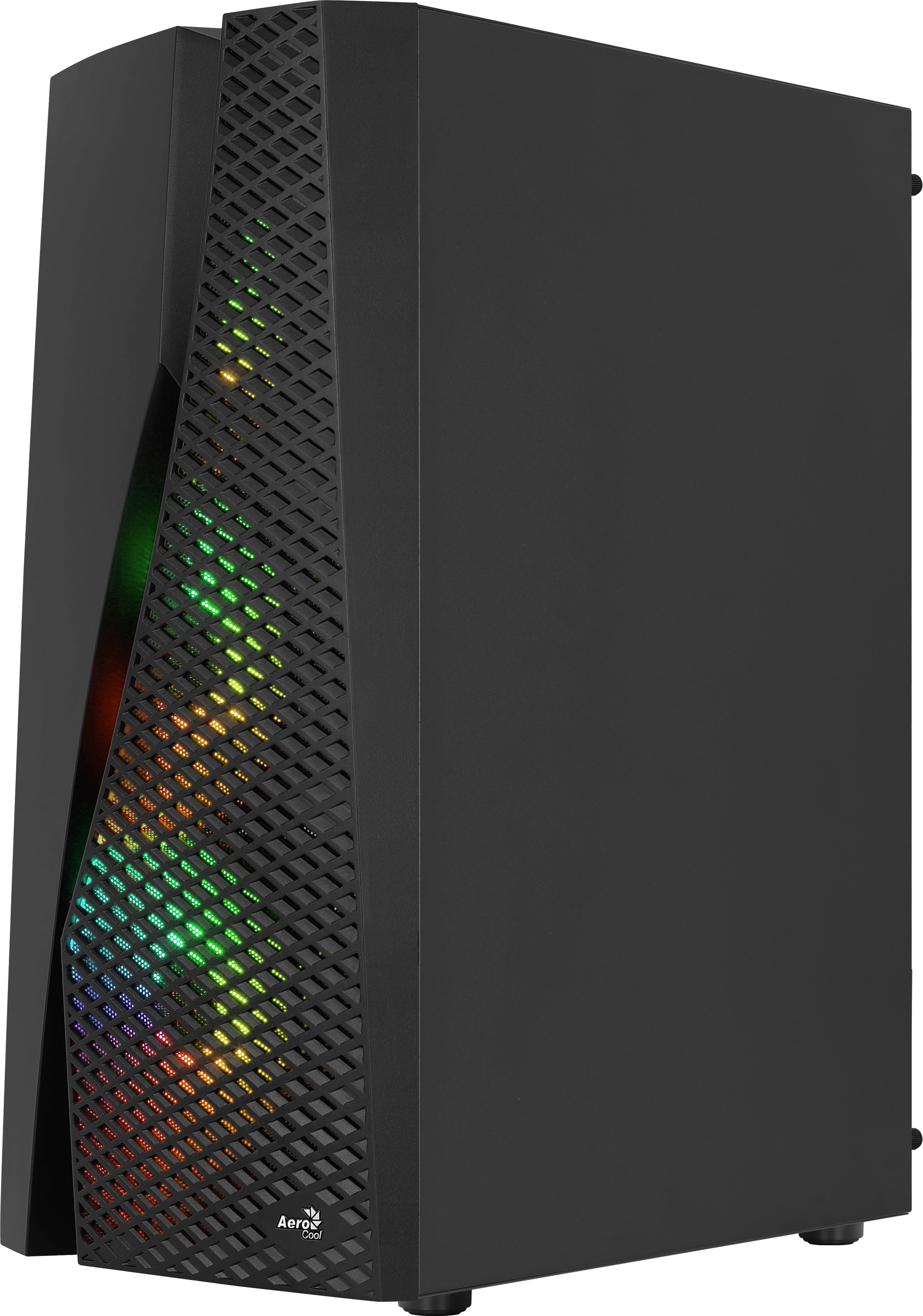 Case per computer nero con una rete diagonale e luci arcobaleno.