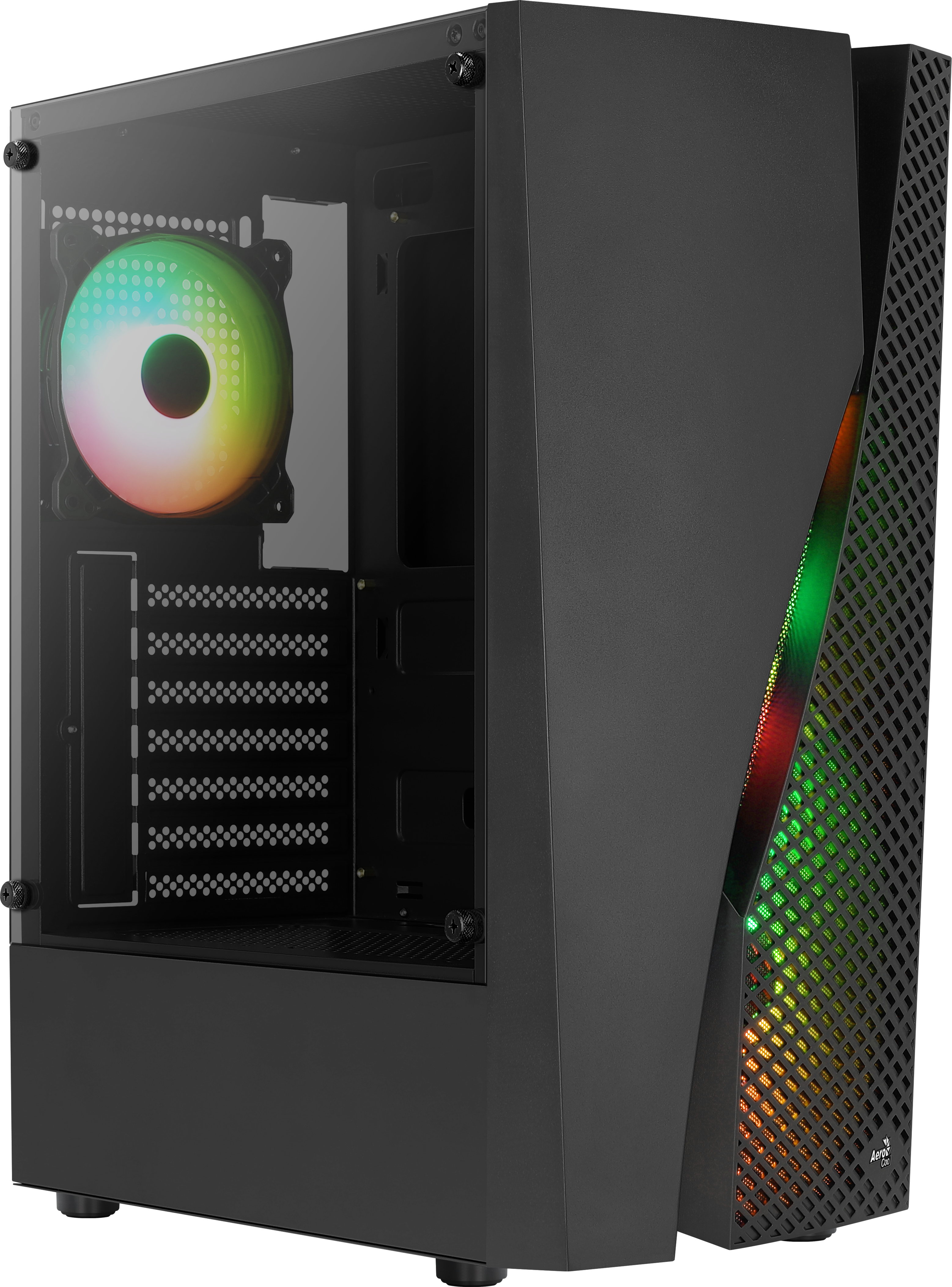 Case per PC nero con pannello laterale in vetro, ventola con luci RGB e pannello laterale con luci RGB.