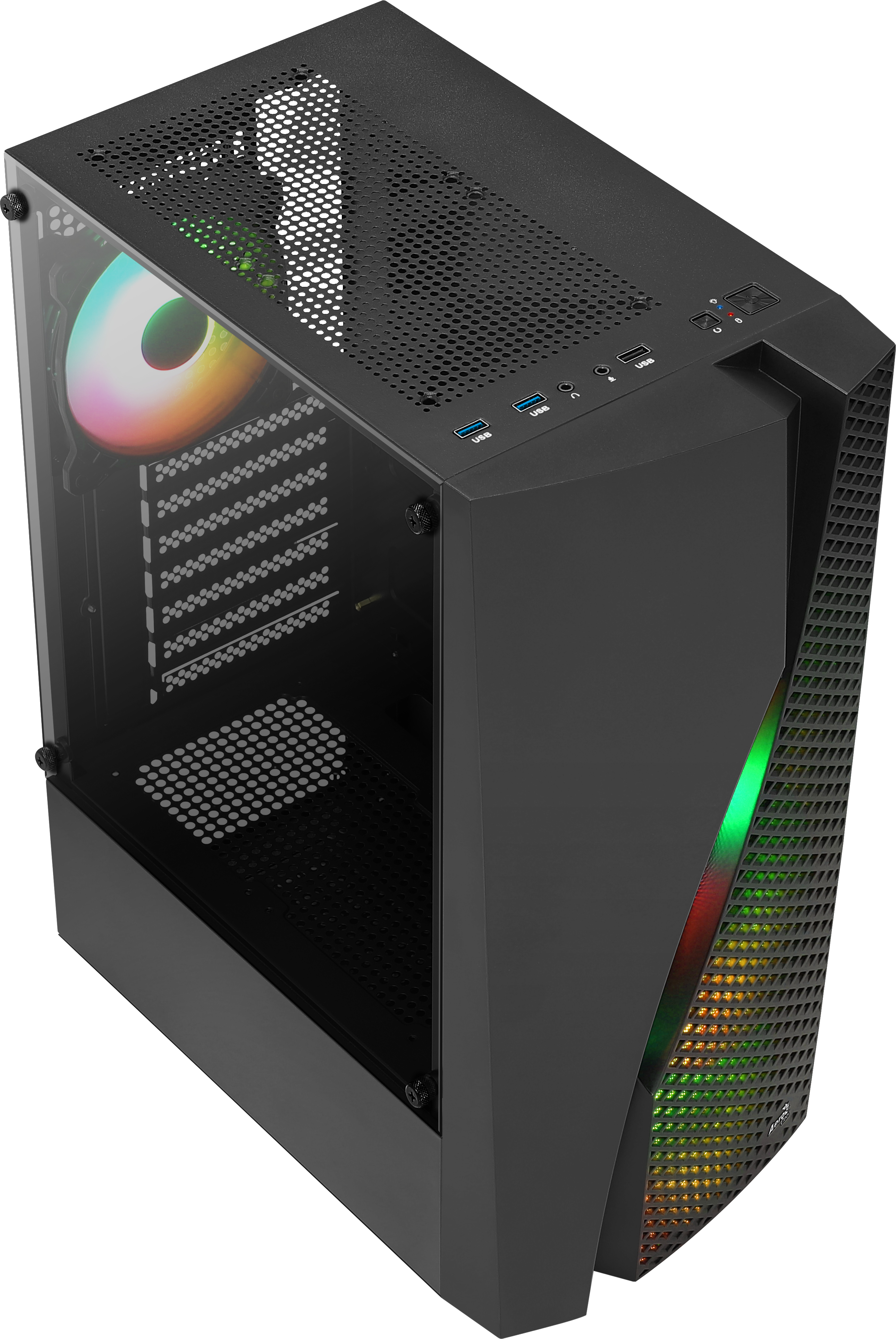 Un case per computer nero con luci RGB sulla parte anteriore e un pannello laterale in vetro, visto dall'alto.