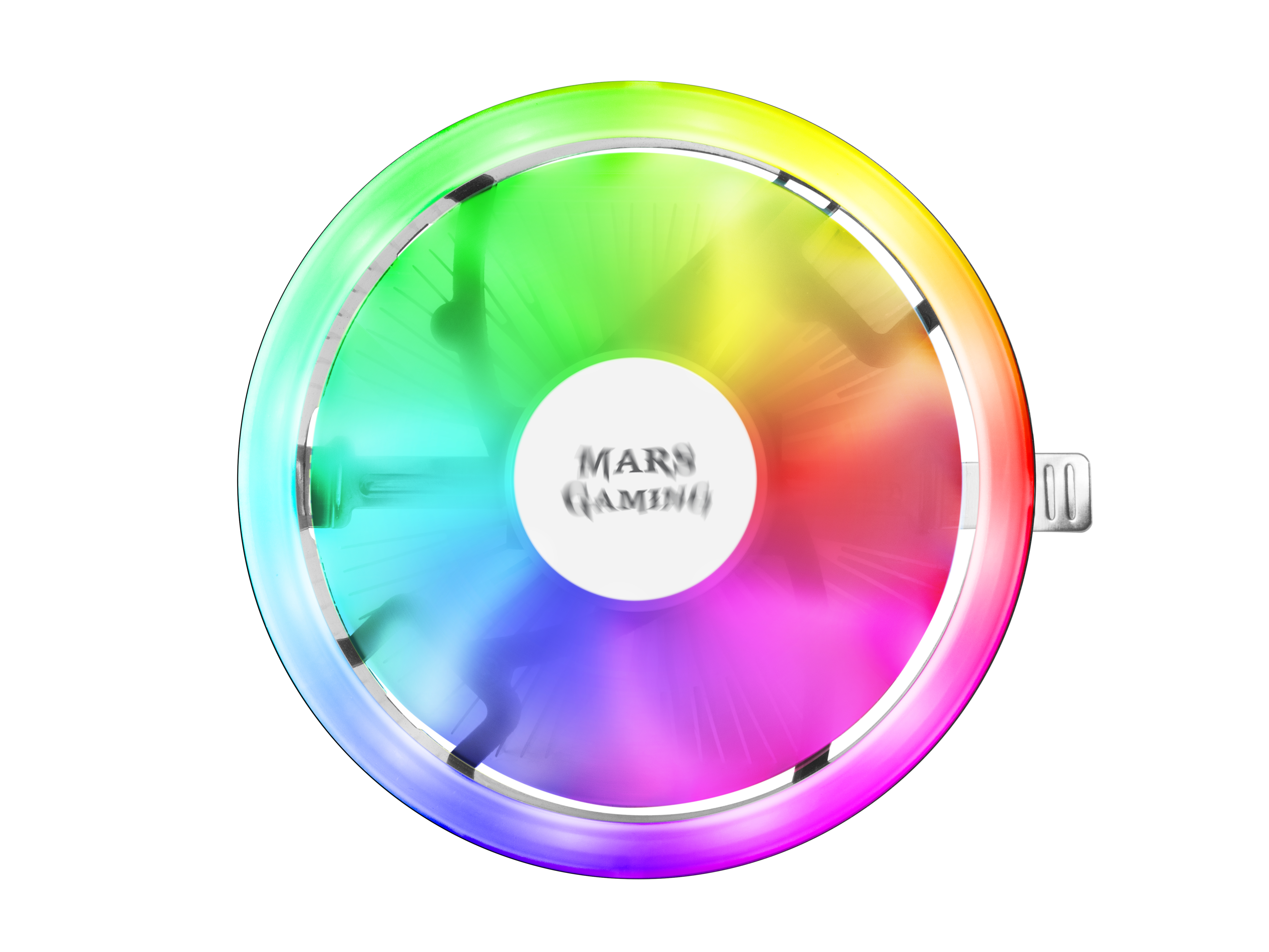 Un ventilador de ordenador circular con aspas de arcoíris y un centro blanco con el logo "Mars Gaming".