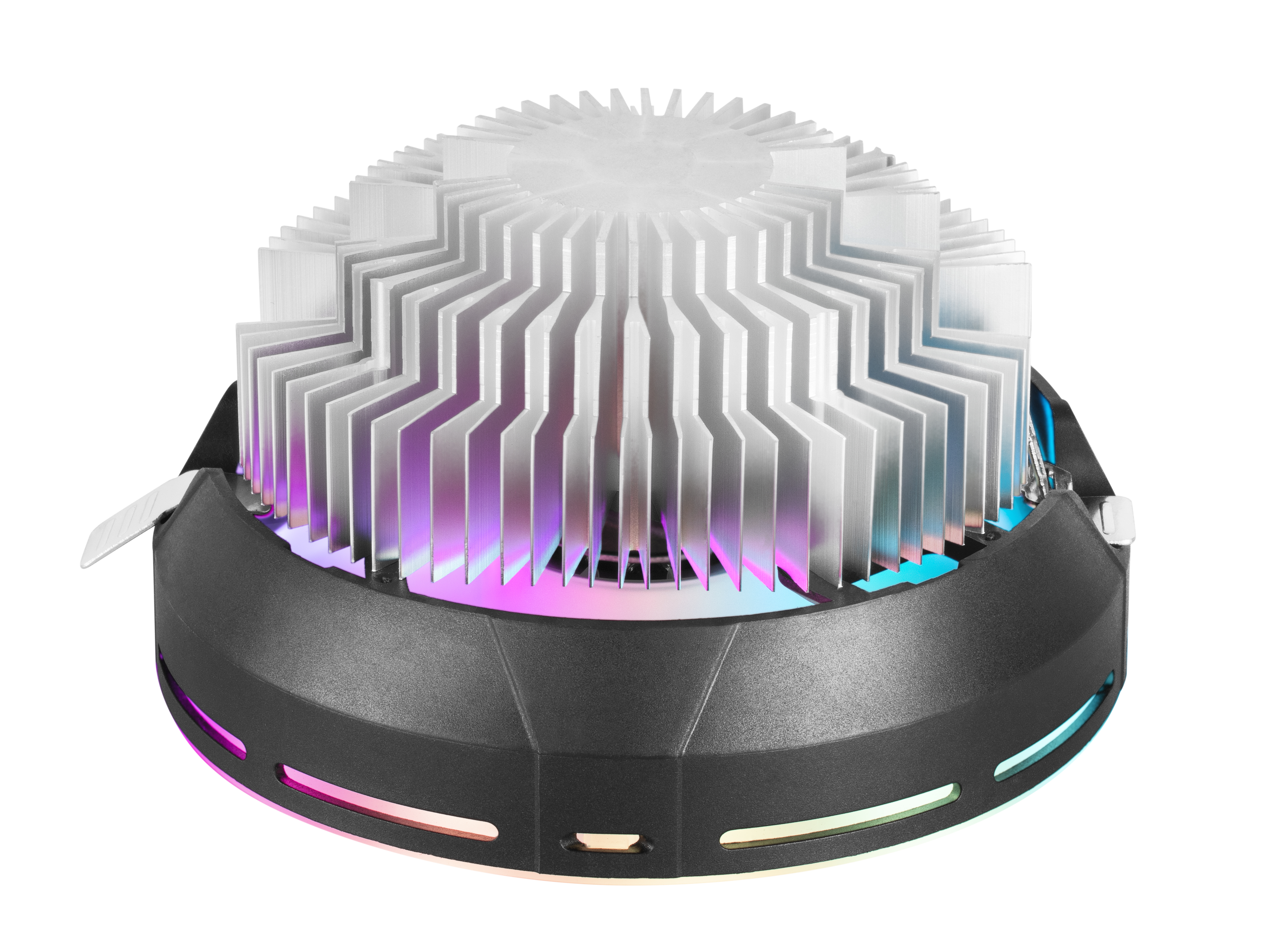 Un enfriador de CPU con aletas plateadas sobre una base negra con iluminación RGB.
