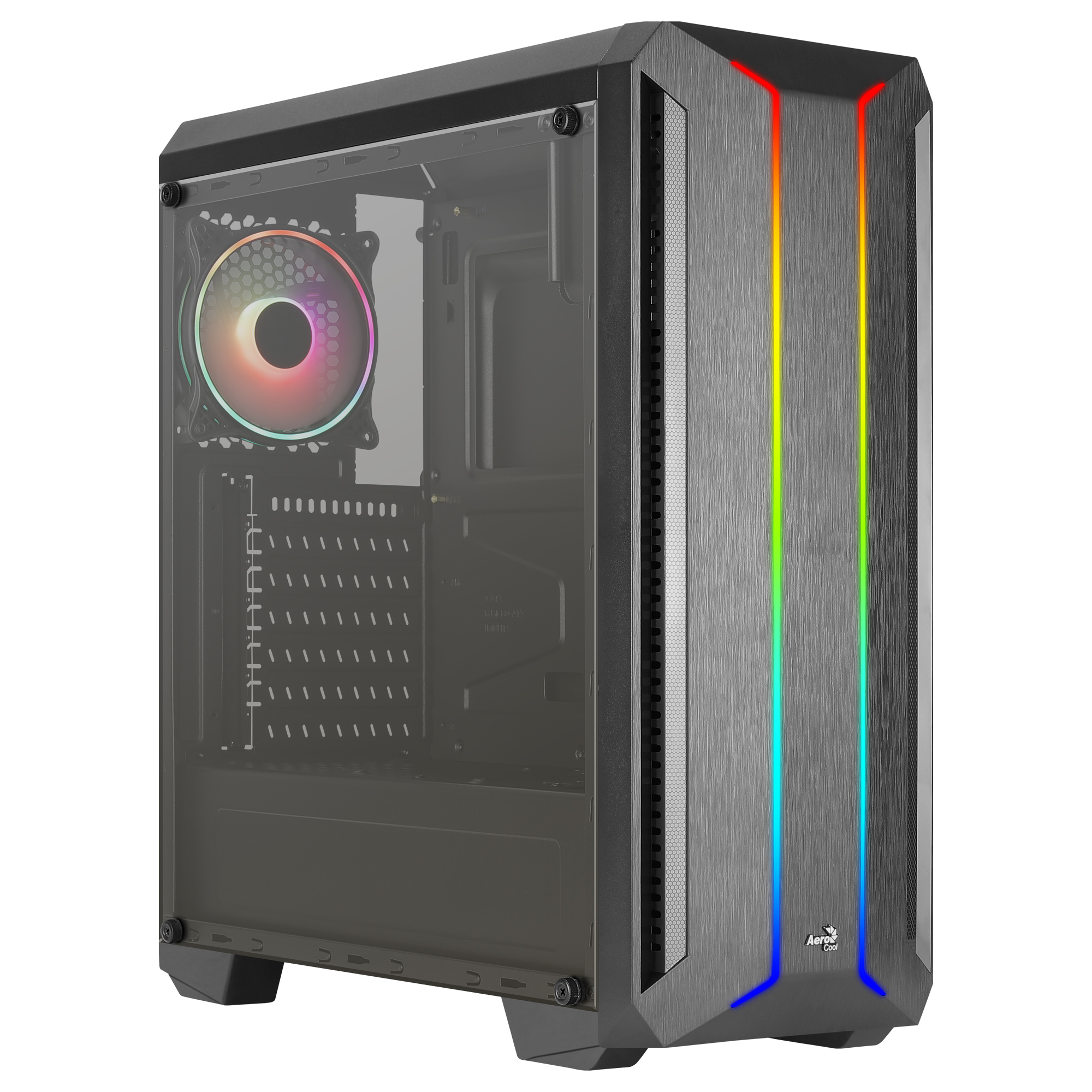 Case per computer nero con illuminazione RGB sul davanti. Un pannello laterale in vetro mostra i componenti interni.