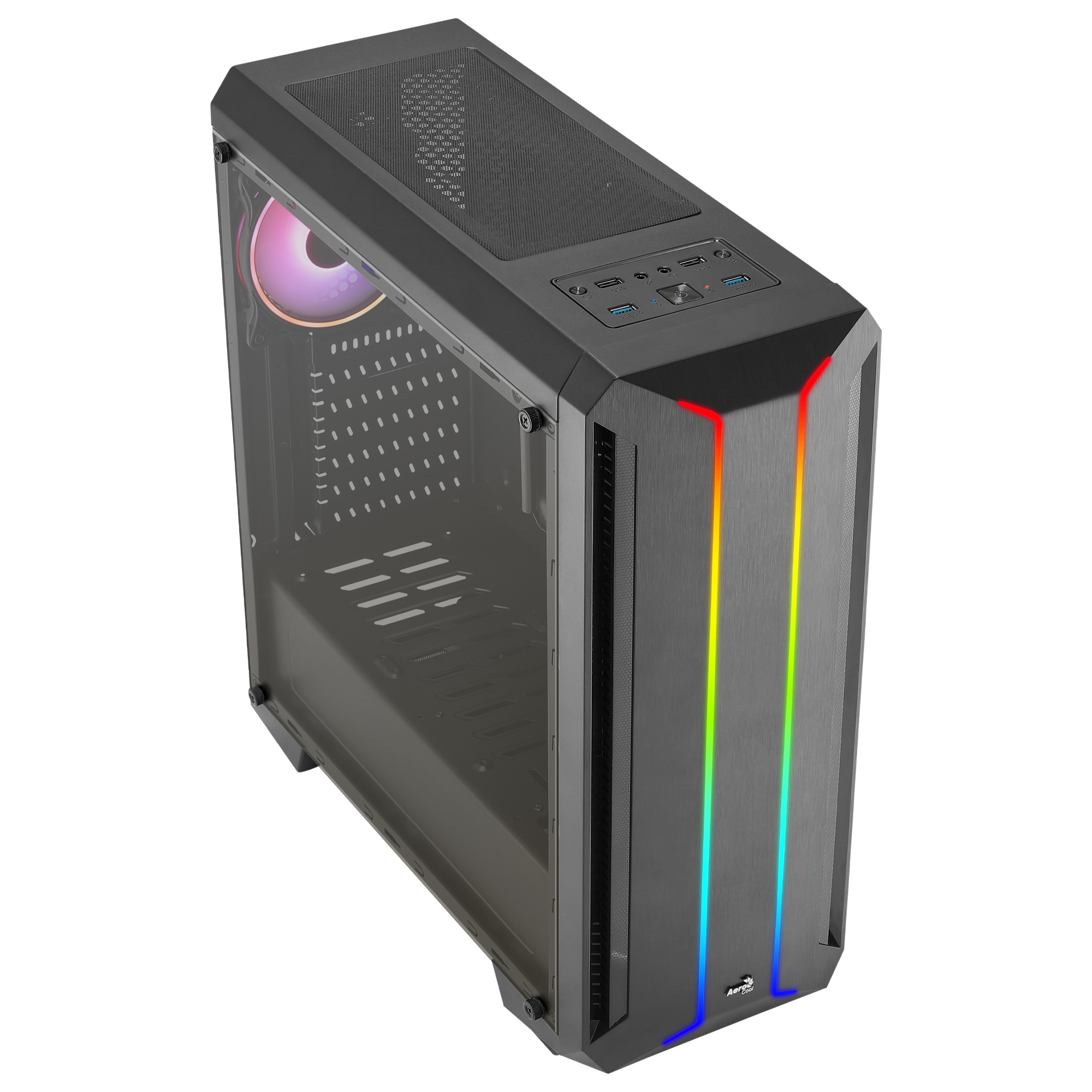 Un case per computer nero con pannello laterale in vetro e luci RGB.