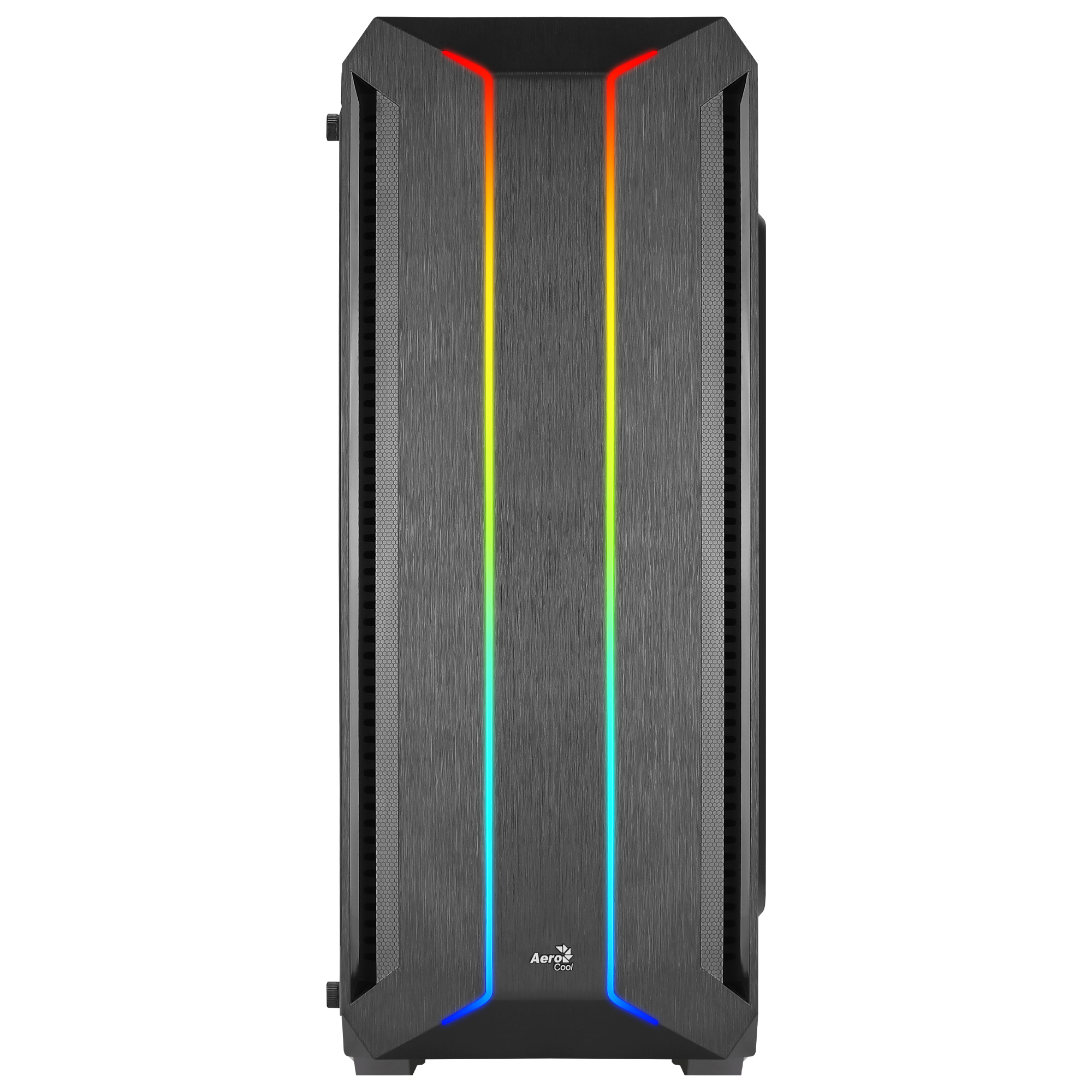 Case per computer nero con strisce luminose RGB verticali. Il case è alto e ha una superficie strutturata.
