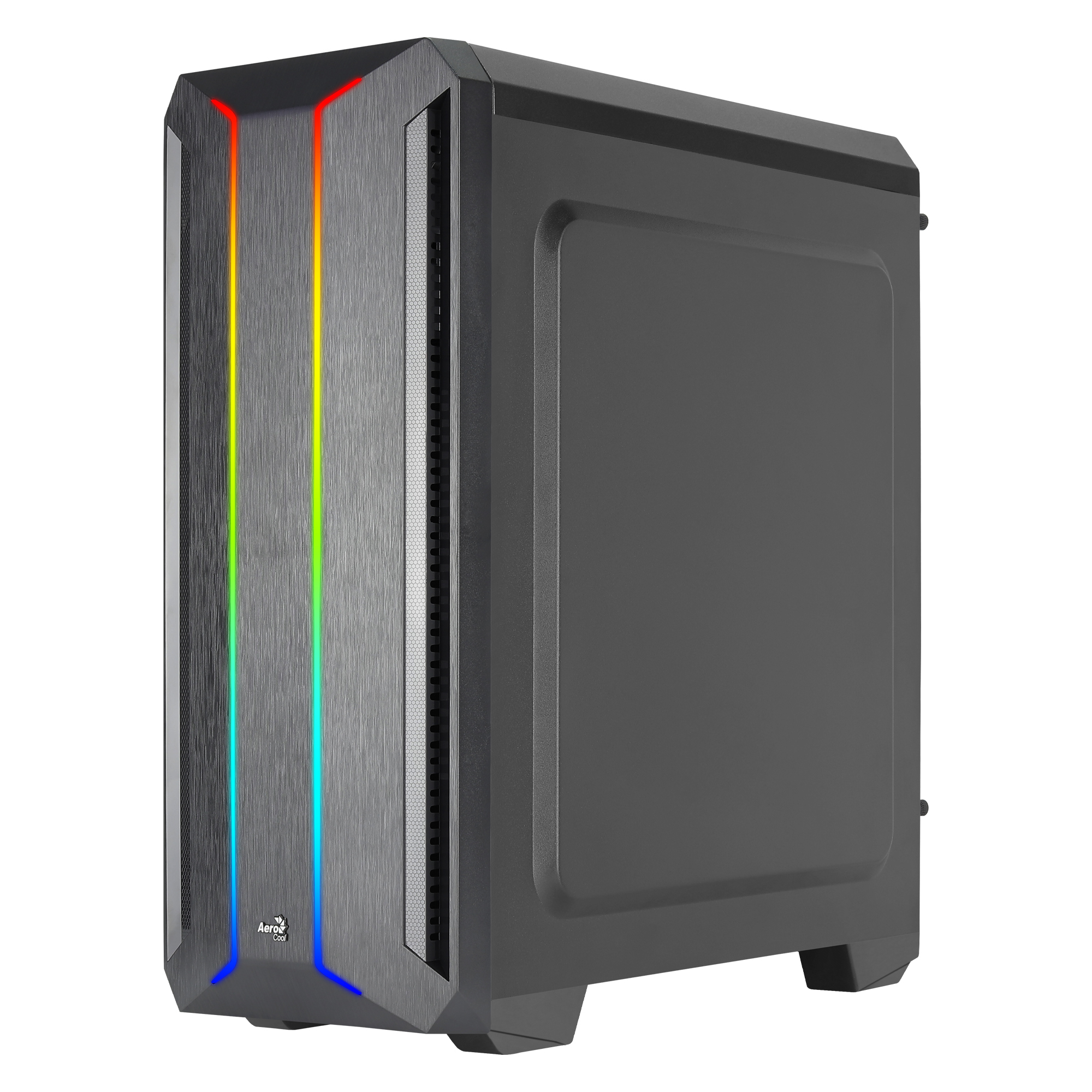 Case per computer grigio scuro con strisce LED RGB sul pannello frontale.