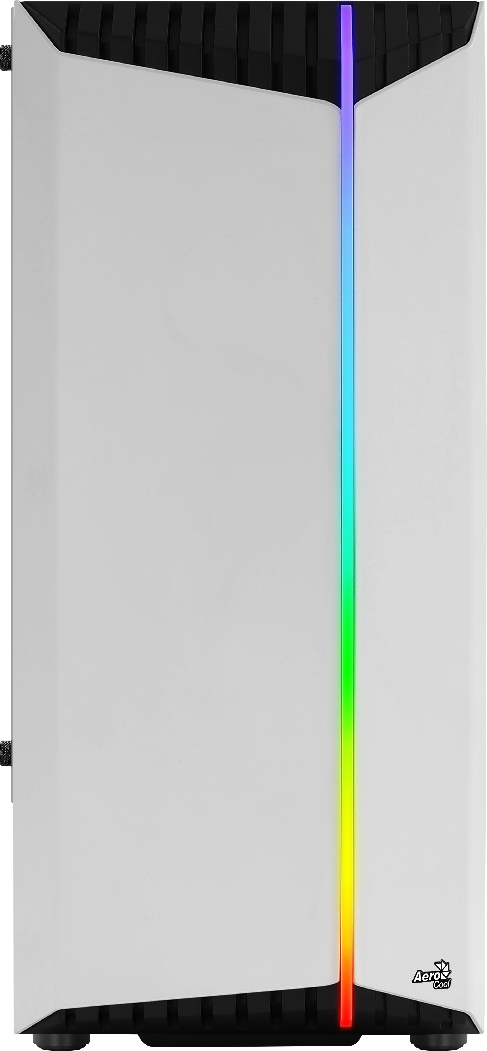 Biała obudowa komputera z pionowym paskiem świetlnym RGB i logo AeroCool.