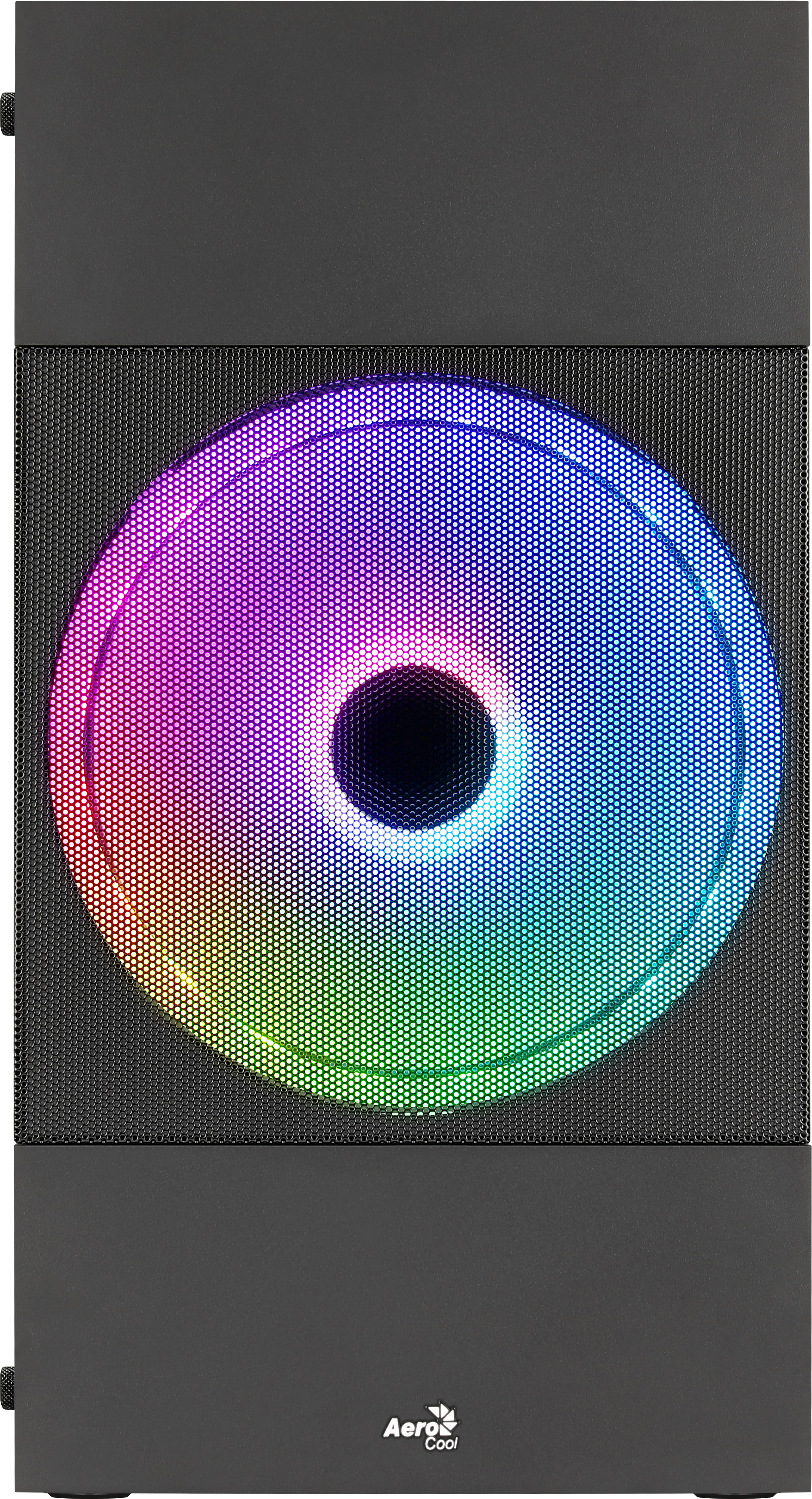 Parte anteriore del case per PC nero. Ventola RGB circolare con mesh nero. Logo AeroCool.