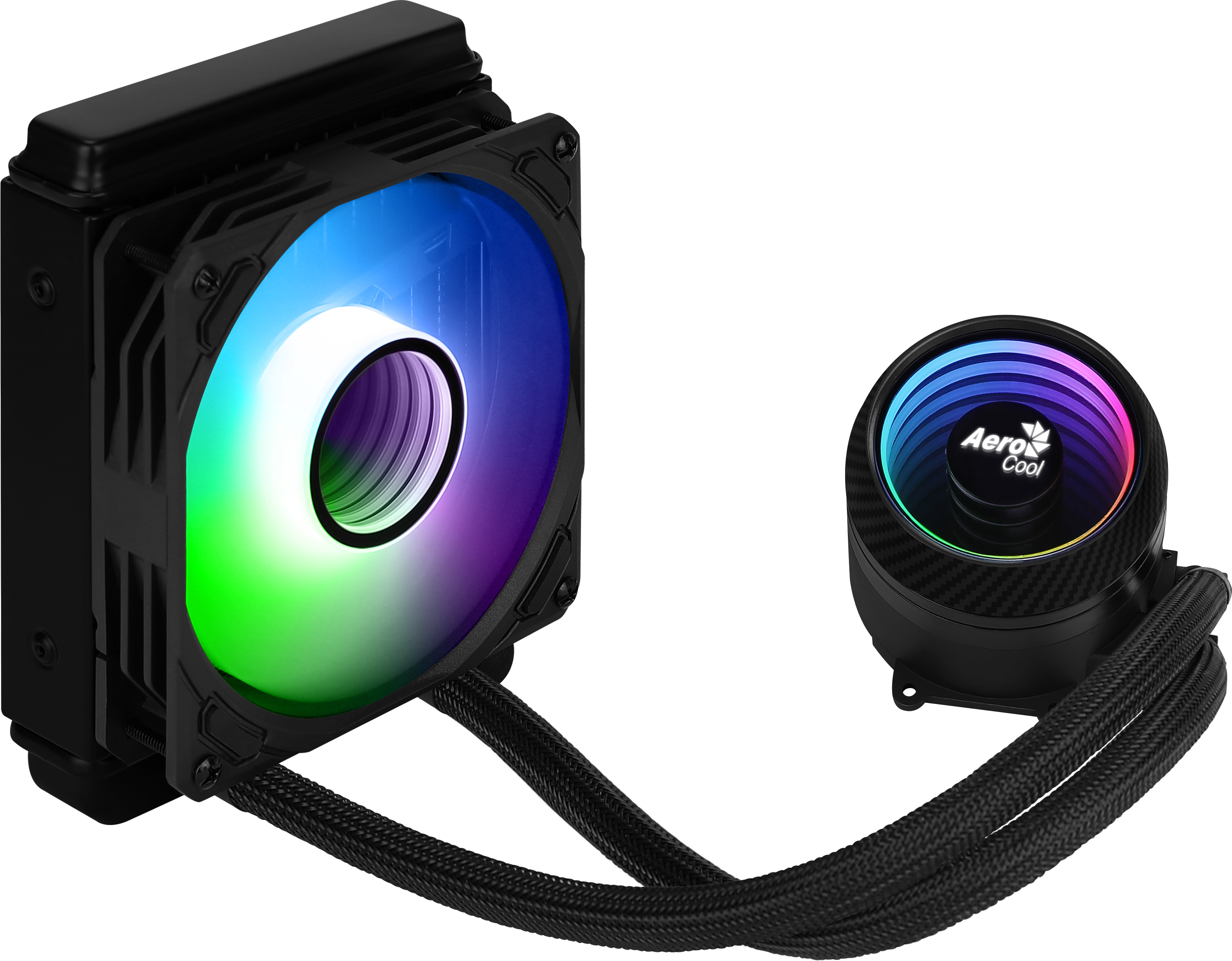 Dissipatore liquido AeroCool con ventole RGB. Componenti neri e luci LED colorate.