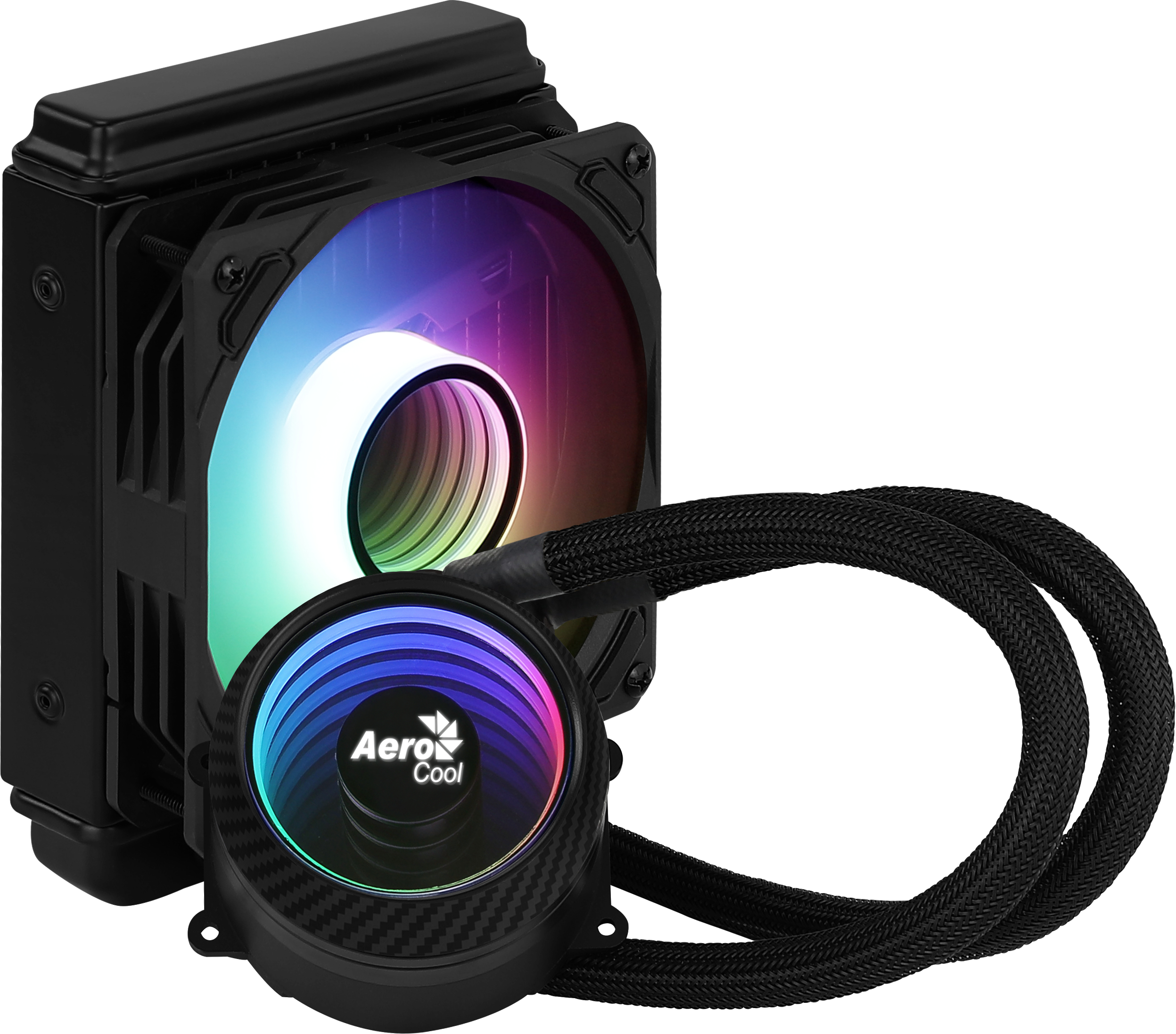 Un dissipatore CPU nero con ventola RGB circolare, tubi e pompa rotonda.