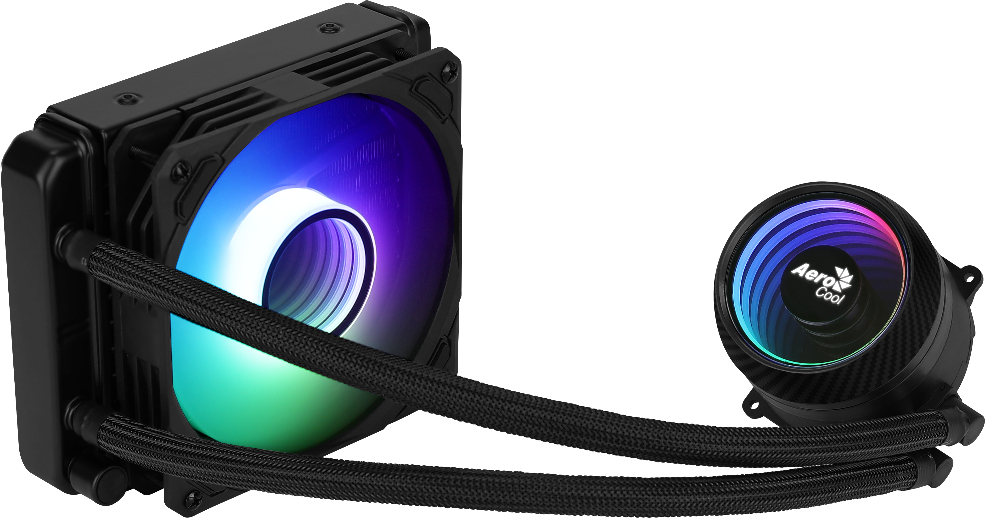 Dissipatore CPU a liquido con illuminazione RGB sulla ventola e sulla pompa. Include tubi e un radiatore.