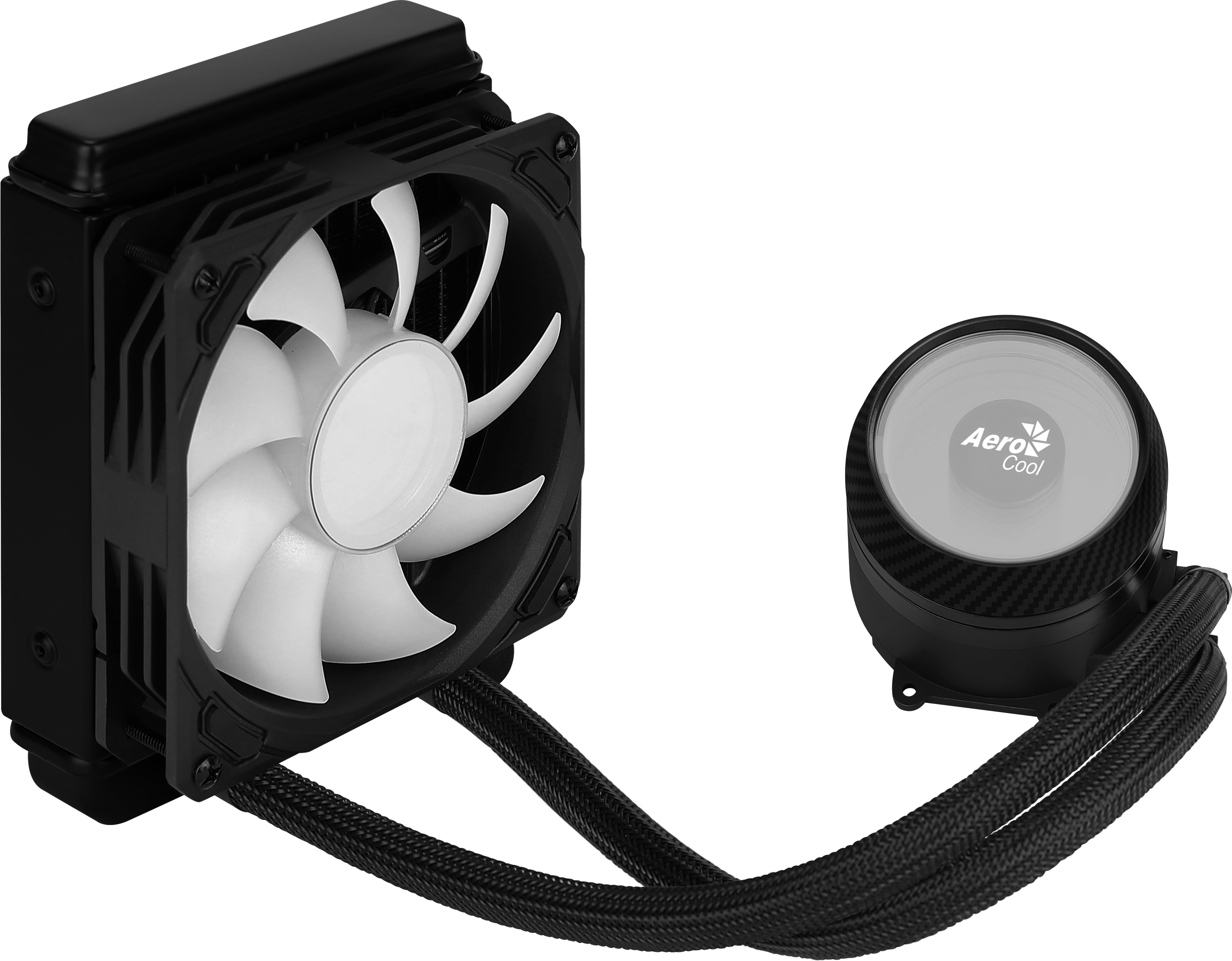 Un sistema di raffreddamento per computer in bianco e nero con una ventola e un waterblock collegati da tubi.