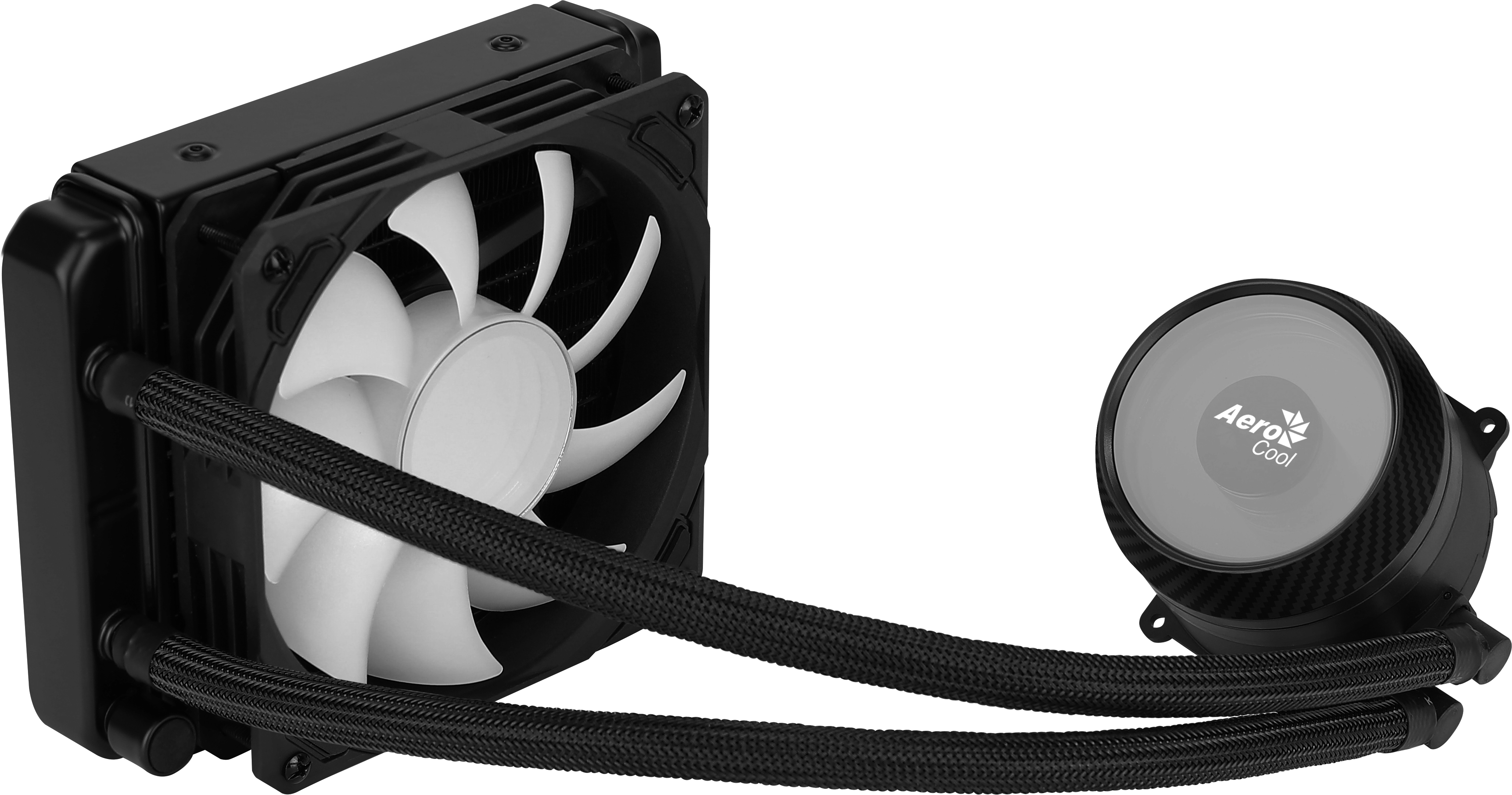 Dissipatore a liquido nero con ventola, radiatore e tubi; sfondo bianco.