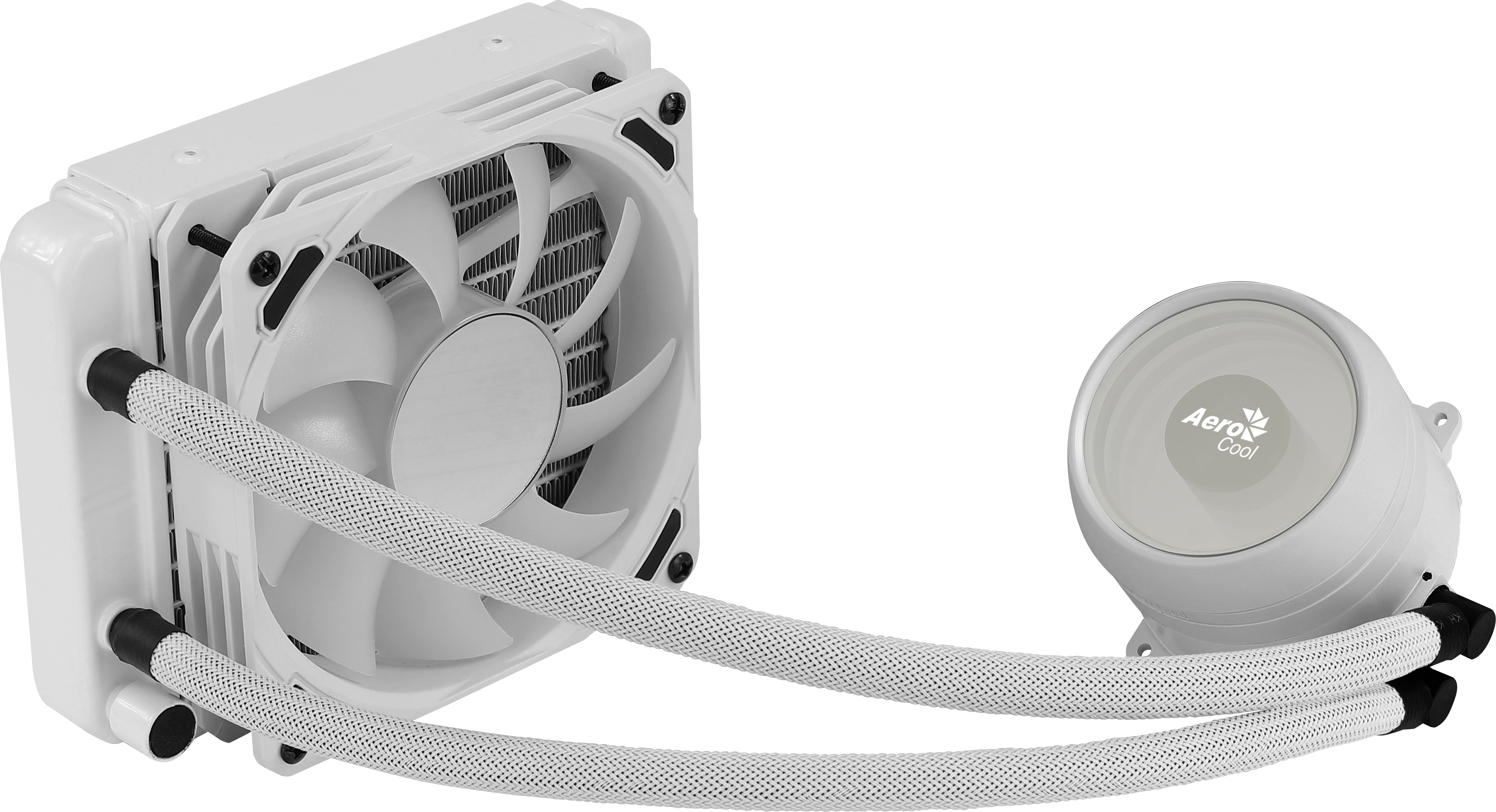 Sistema de refrigeración de PC blanco con ventilador y tubos, sobre fondo blanco. Logo Aerocool visible.