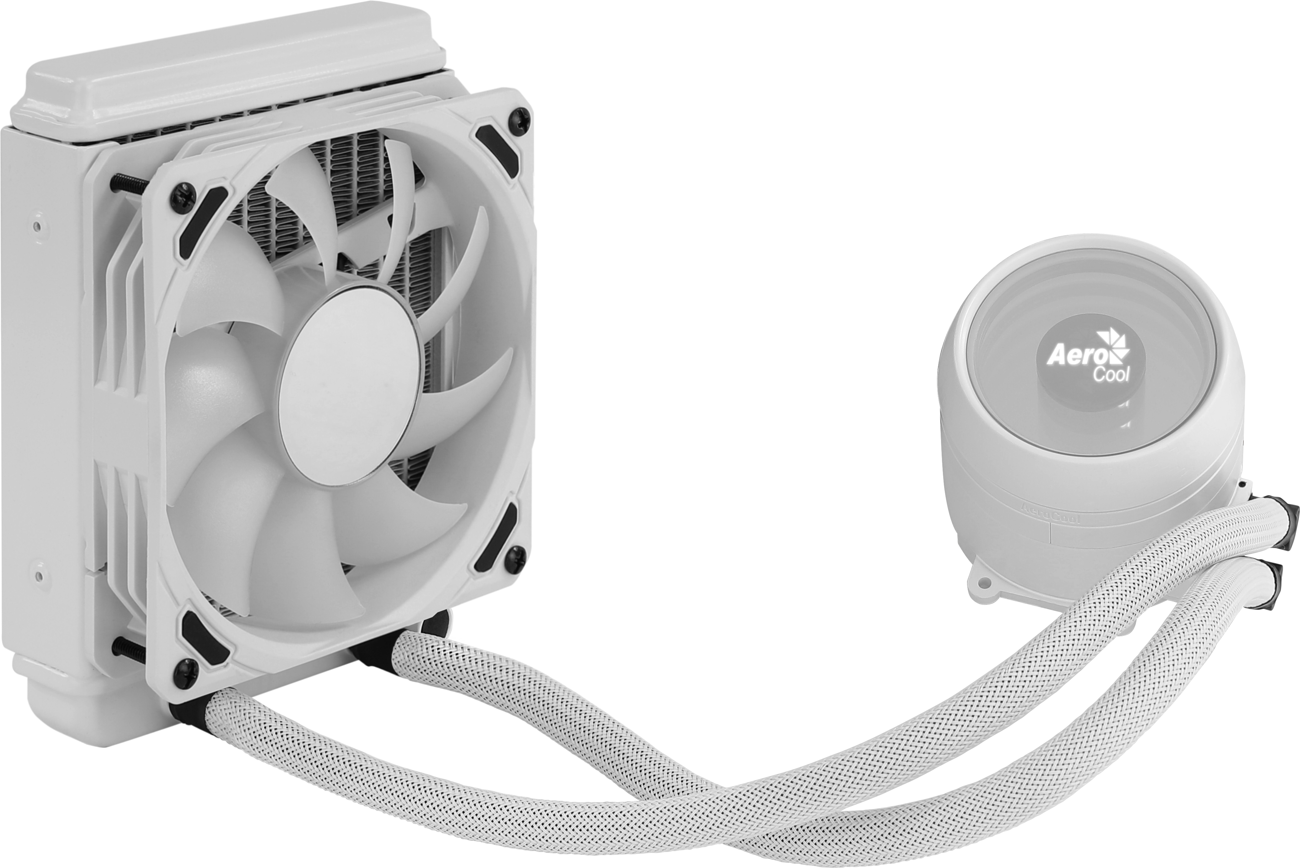 Enfriador de agua para ordenador blanco con ventiladores y tubos, vista en ángulo.