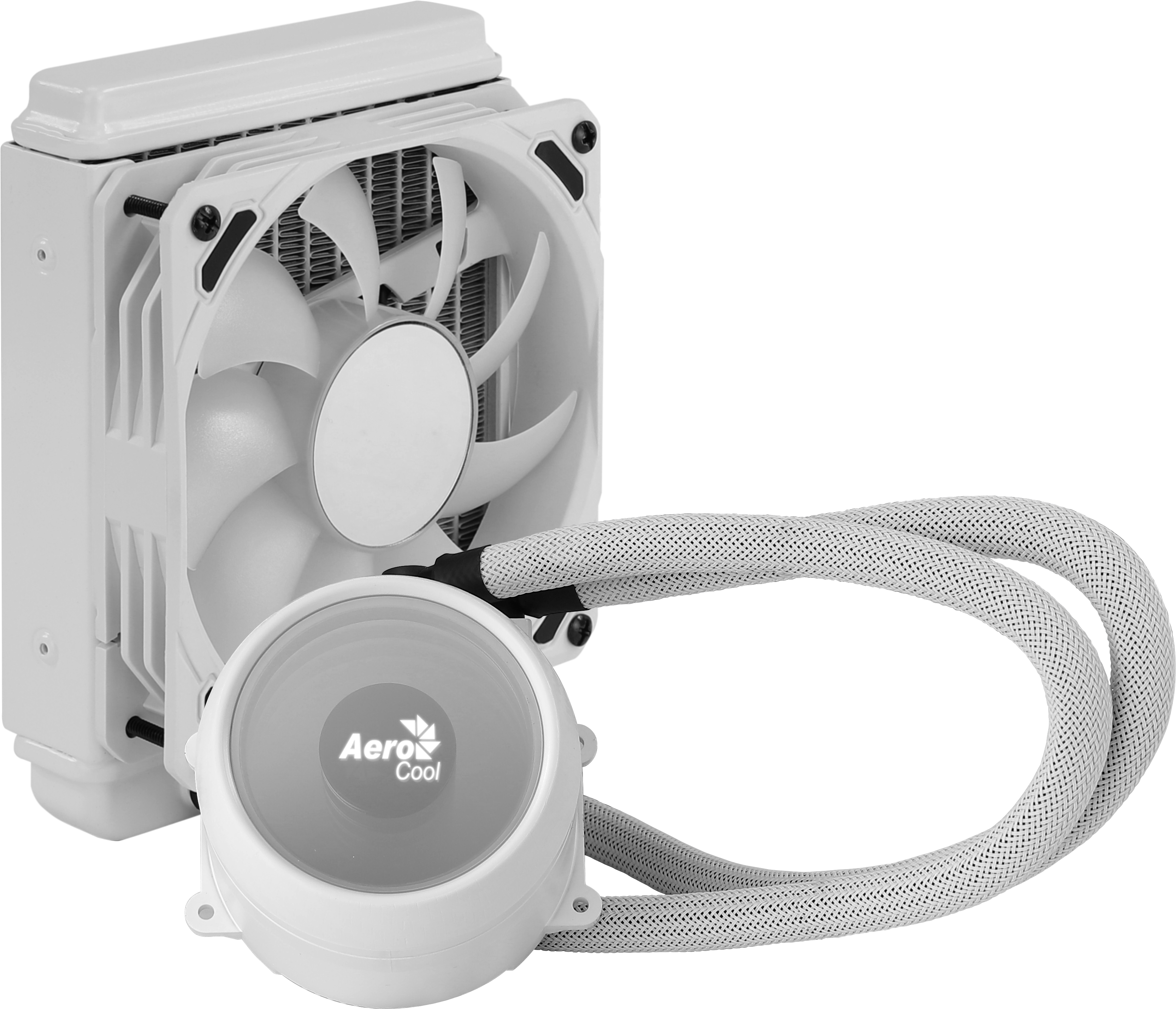 Enfriador líquido blanco con ventilador y radiador. Logo AeroCool visible en la bomba.