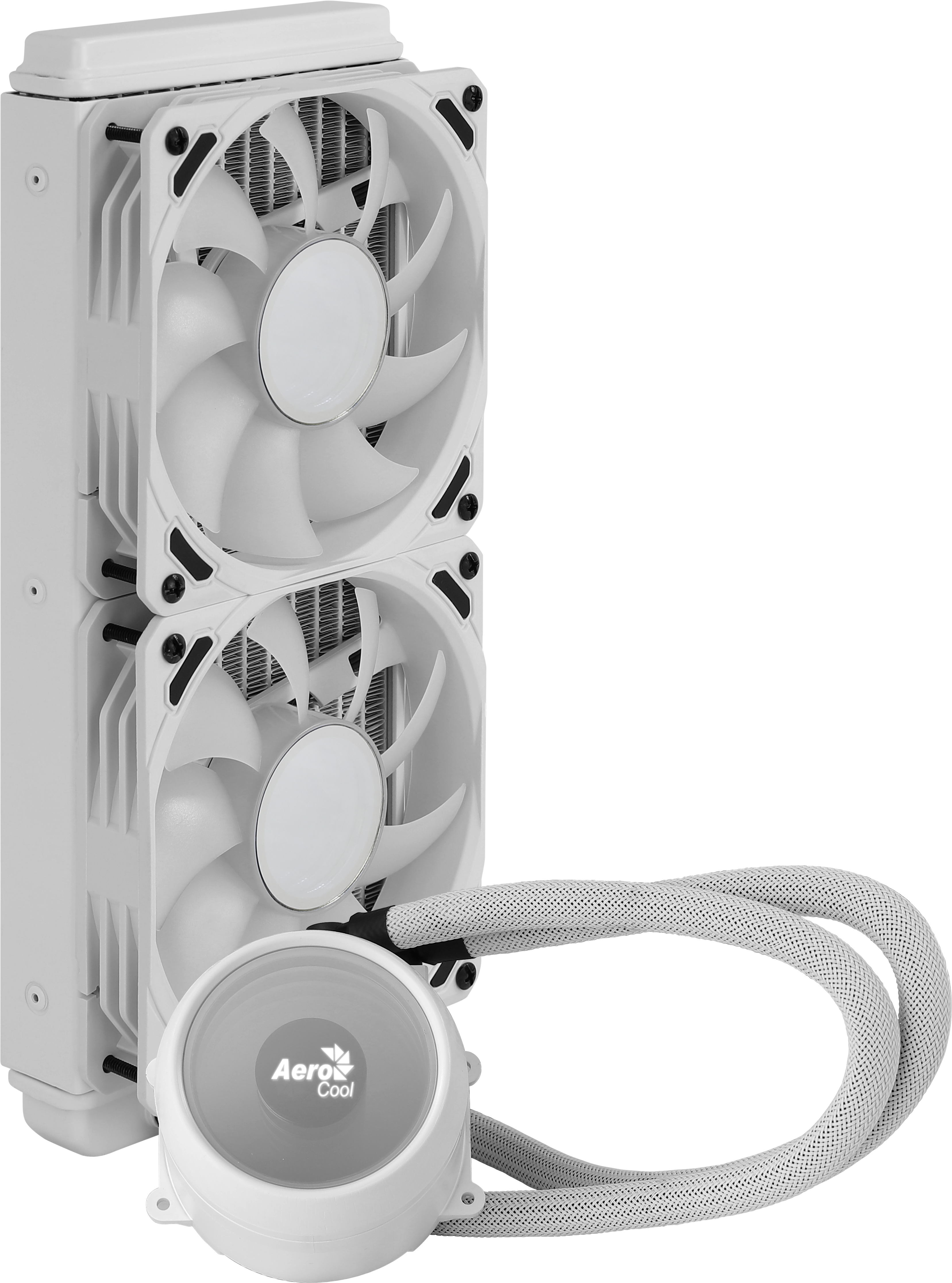 Weißer PC-Flüssigkeitskühler mit Lüftern und Schläuchen.