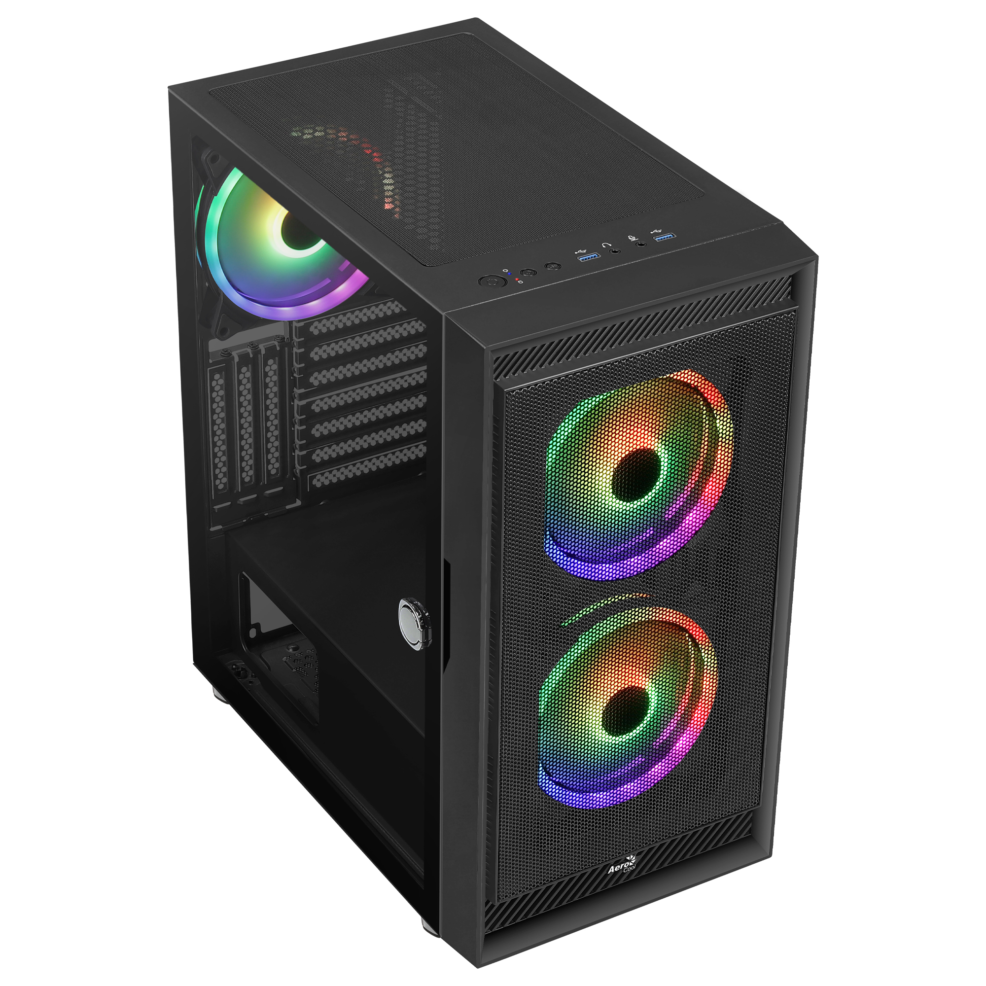 Black computer case with three colorful illuminated fans. Mesh front panel and glass side panel.