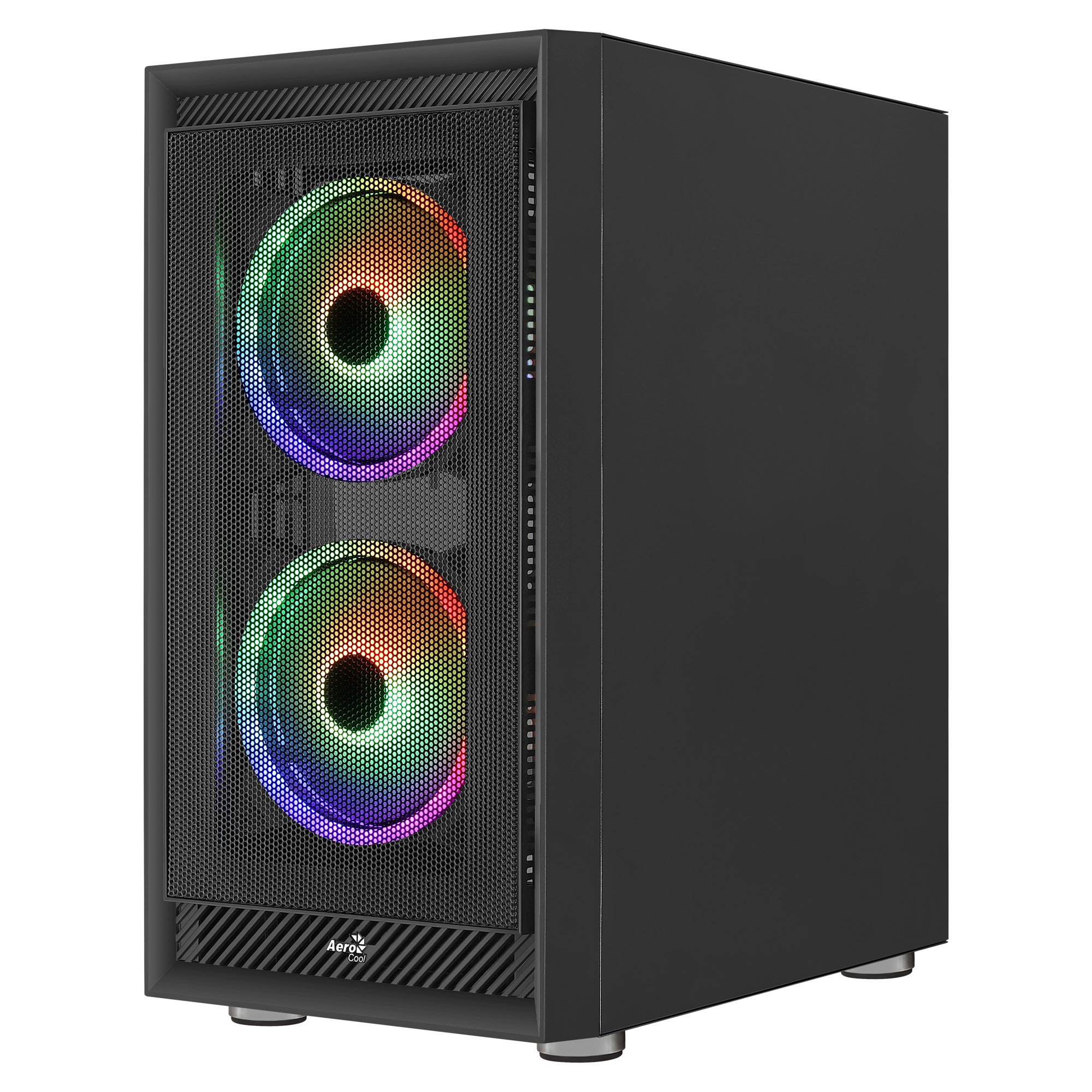 Black gaming PC case with mesh front and two colorful fans inside.
