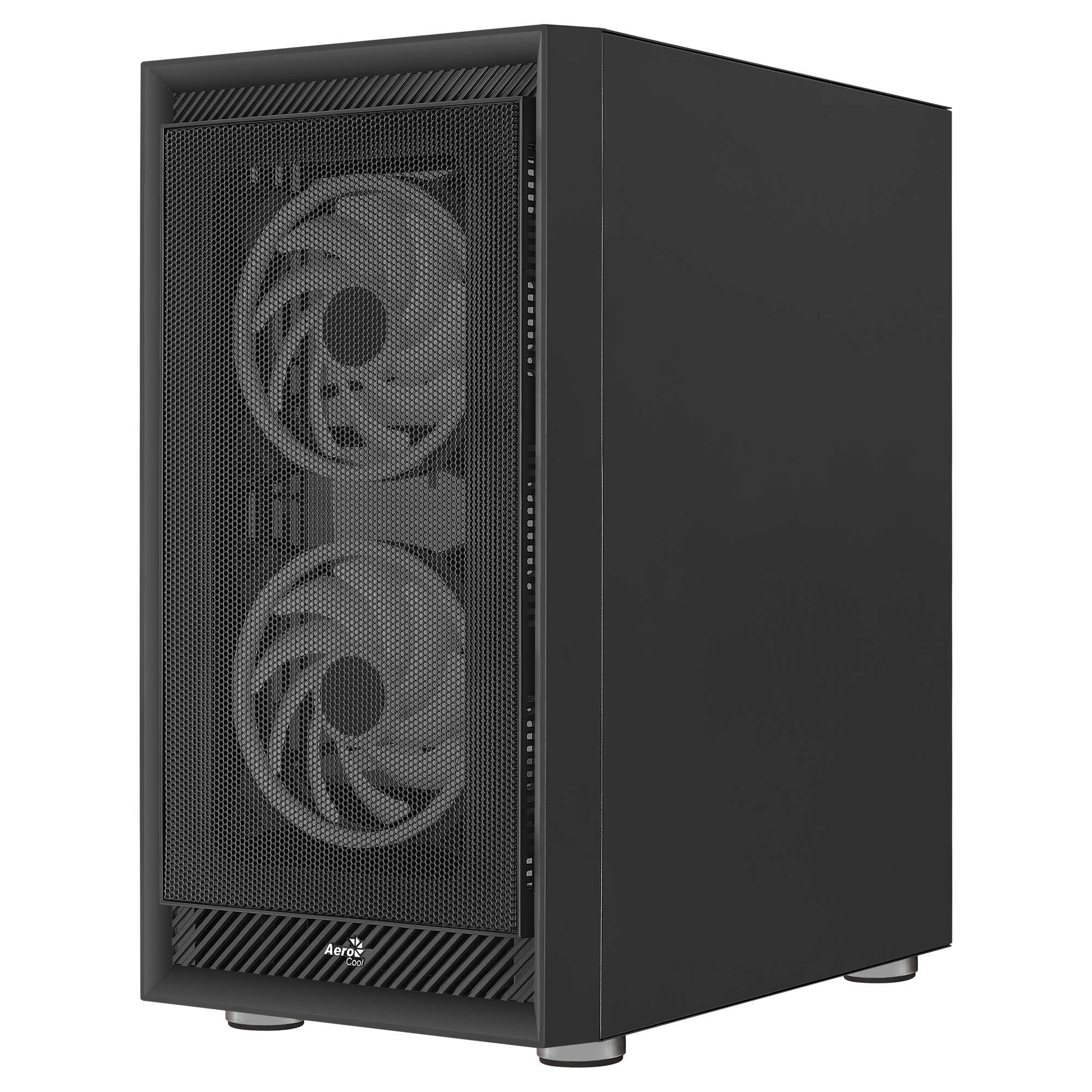 Black computer case with mesh front and two fans.