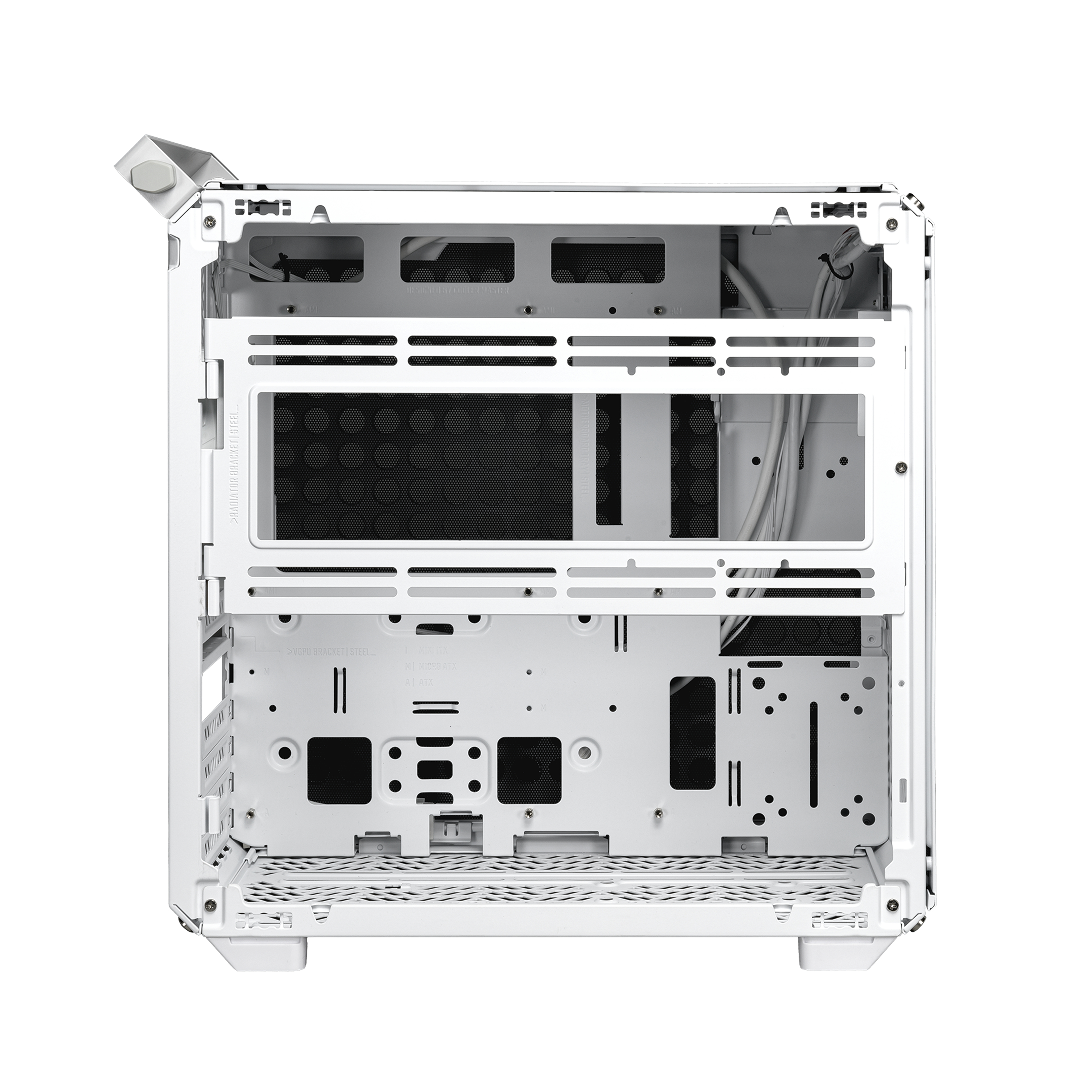 Interno del case per computer bianco, che mostra la struttura interna e i punti di montaggio, aperto da dietro.